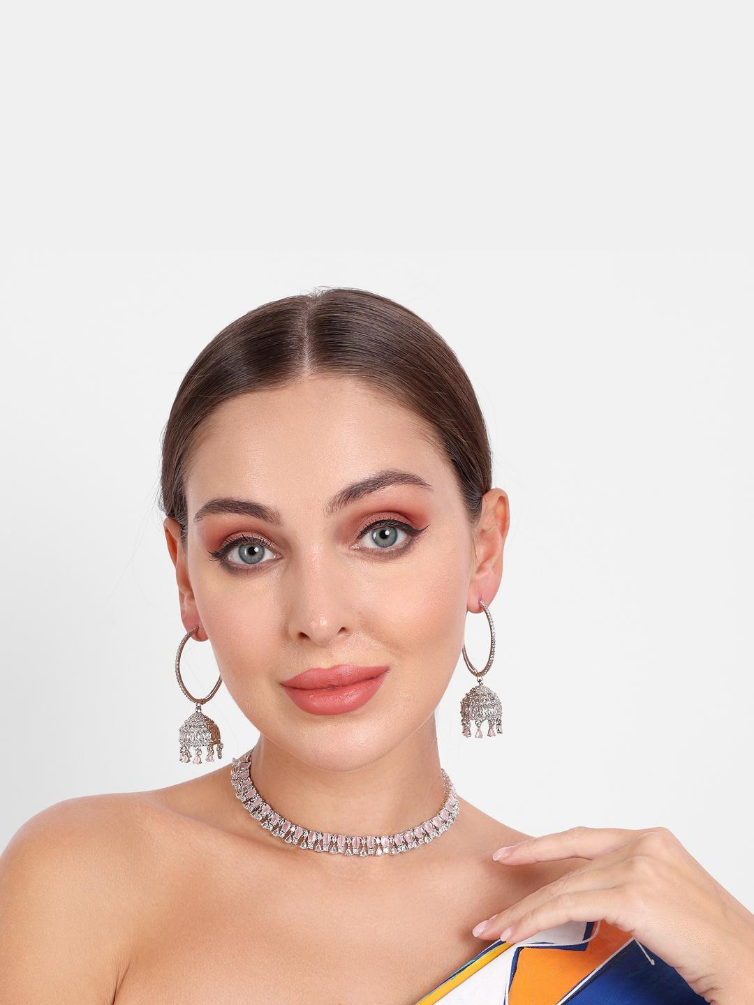 Elegant Silver-Plated American Diamond Necklace & Earrings  Set For Women