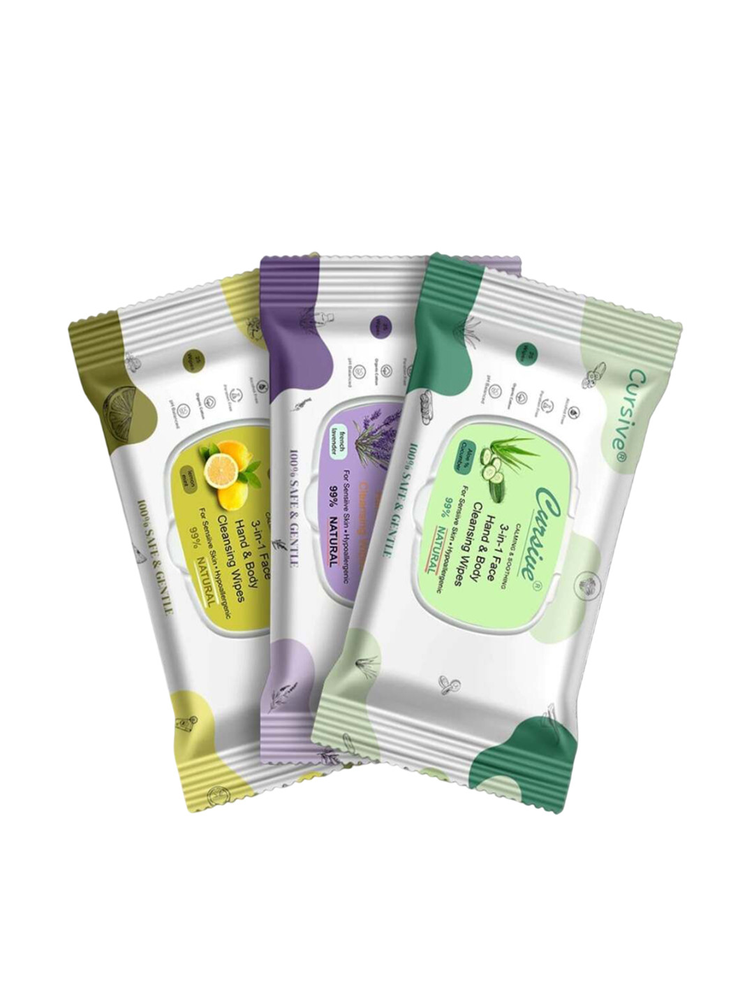CURSIVE Set Of 3 Lemon Mint Aloe Cucumber & French Lavender Refreshing Wet Wipes
