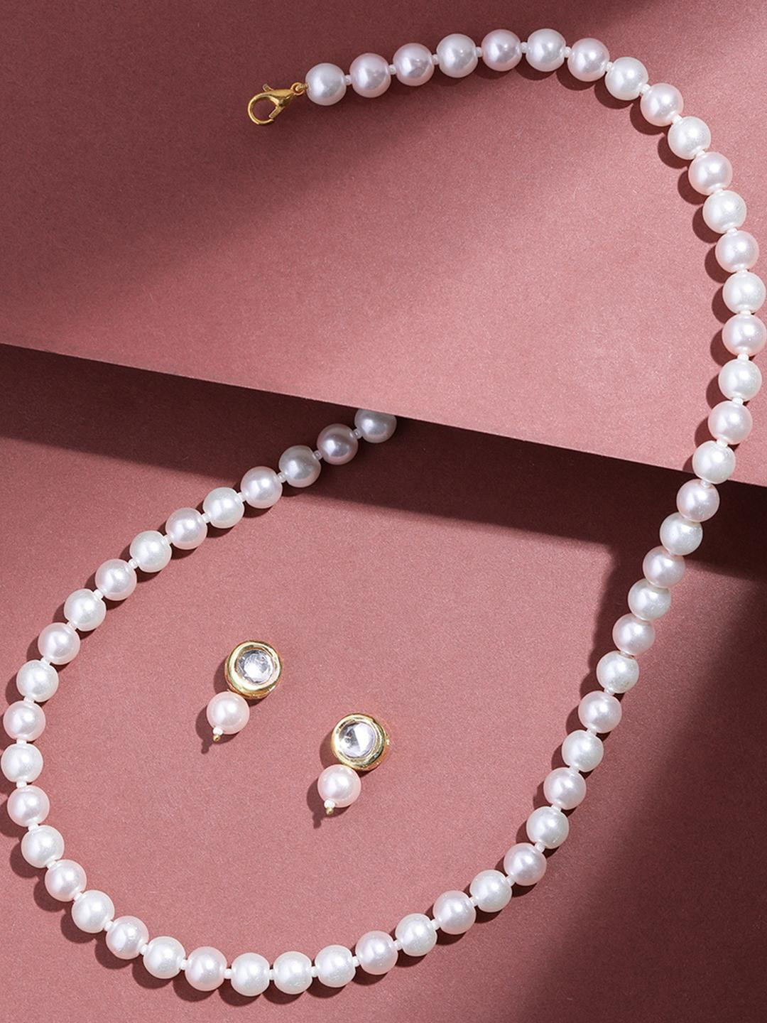 Anouk Premium Quality White & Cream Pearls Kundan Beaded Single Line Necklace Jewelry Set