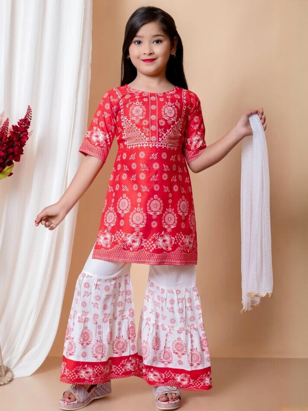 NFashion Girls Printed Kurta Shararas And Dupatta