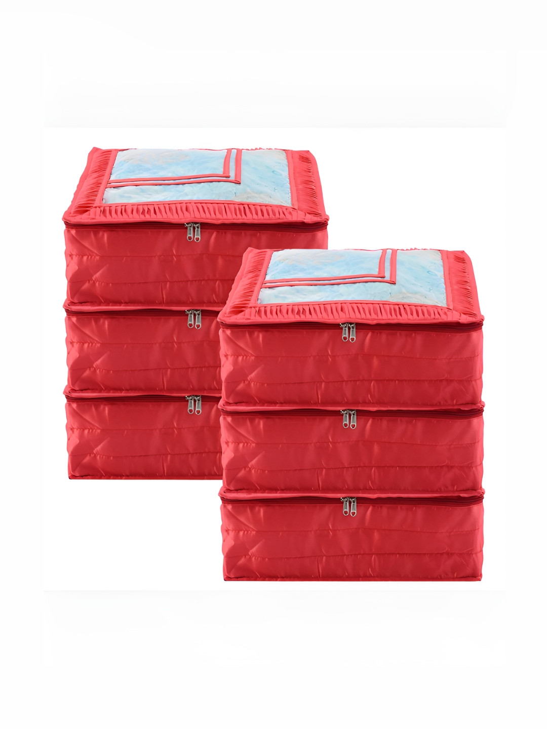Aura Red & Transparent 6 Pieces Frill Top Window Satin Saree Bag Organisers
