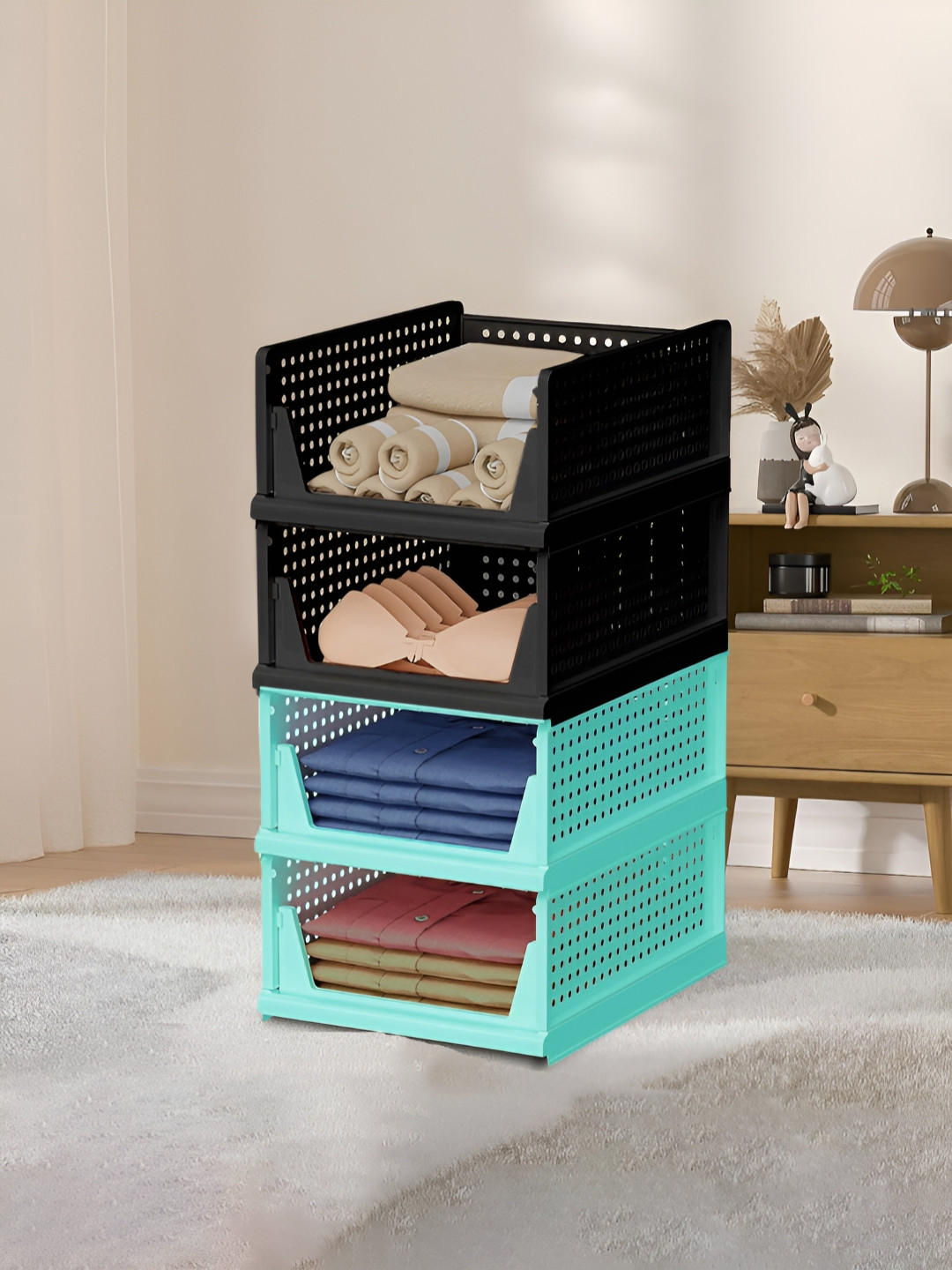 Aura Green & Black 4 Pieces Textured Reusable Desk Organisers