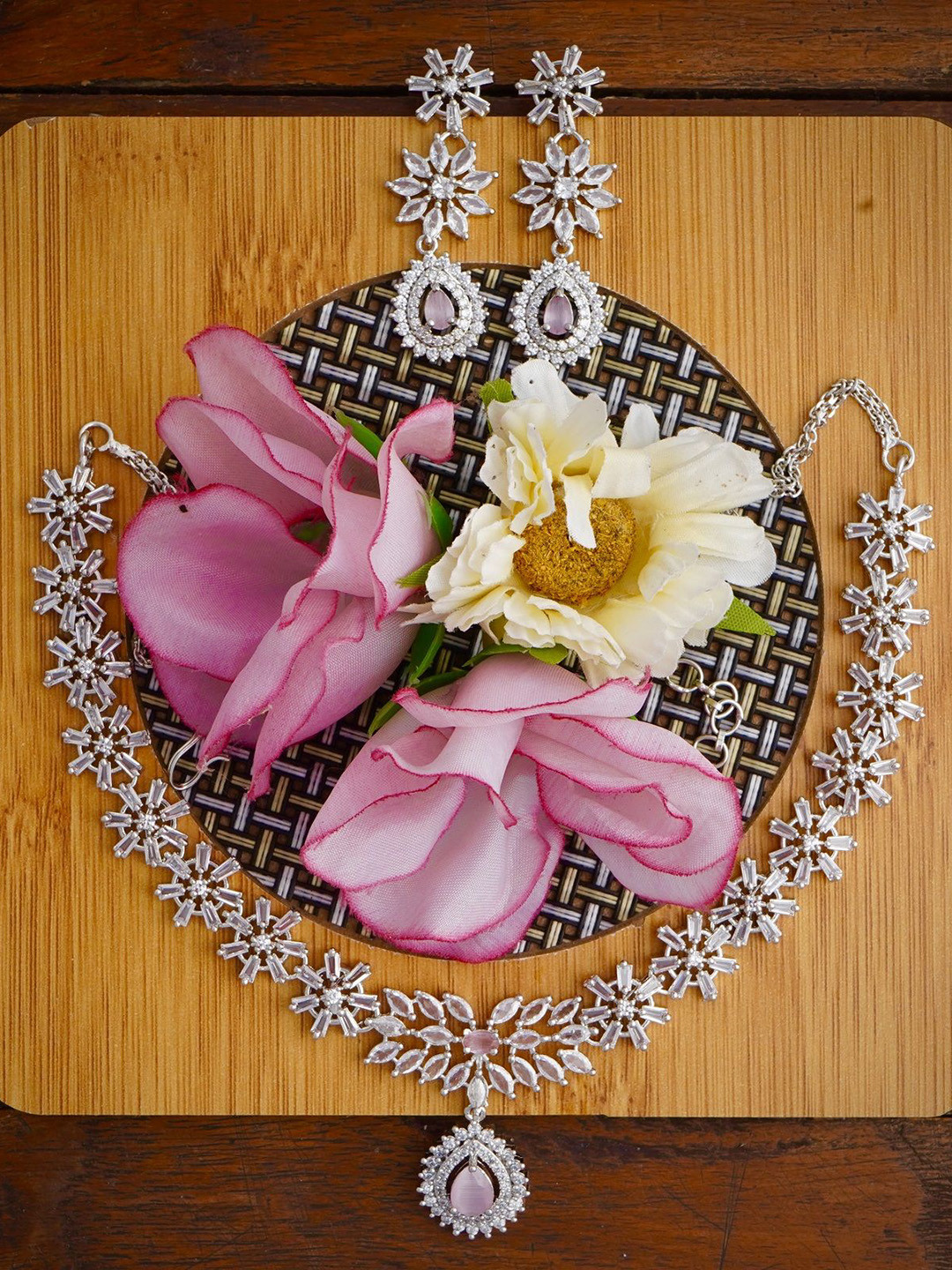 Gemron Jewel Rhodium Plated American Diamond-Studded Jewellery Set