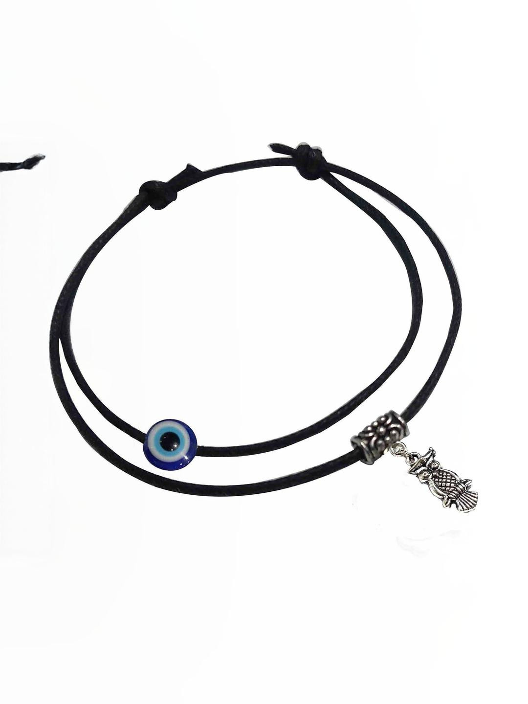 Gurjari Jewellers Adjustable Black Thread Anklet with Evil Eye and Owl Beads