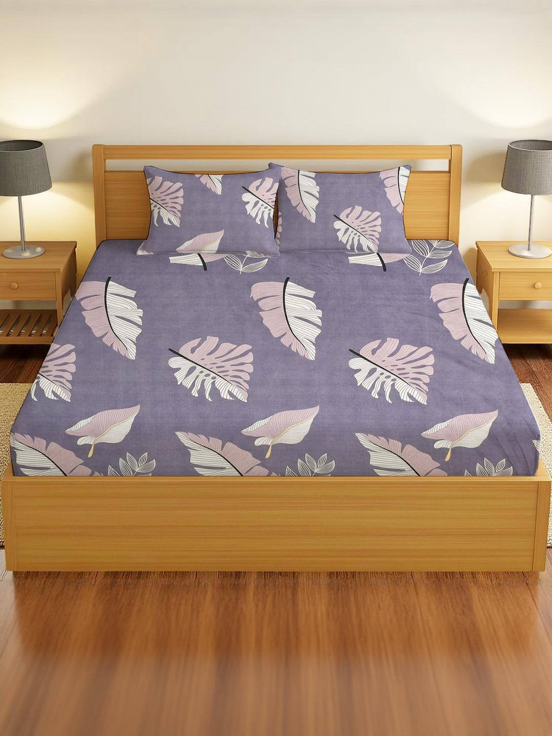 IVAZA Purple & White 330 TC Queen Bedsheet with 2 Pillow Covers