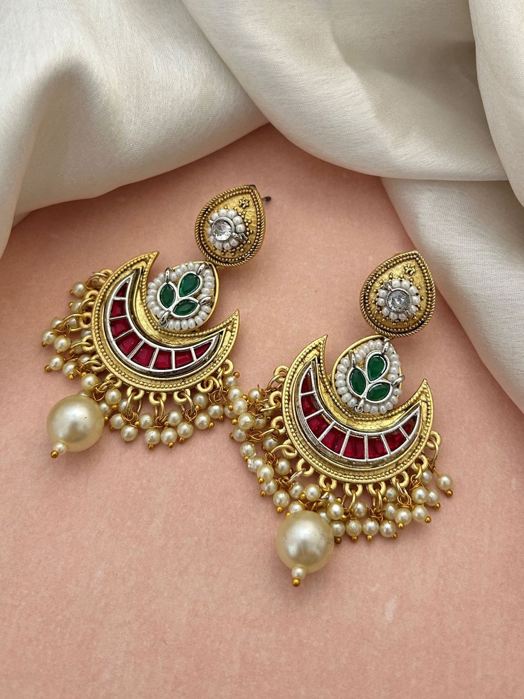 Zeviel Gold-Plated Artificial Stones Studded & Beaded Contemporary Antique Chandbalis