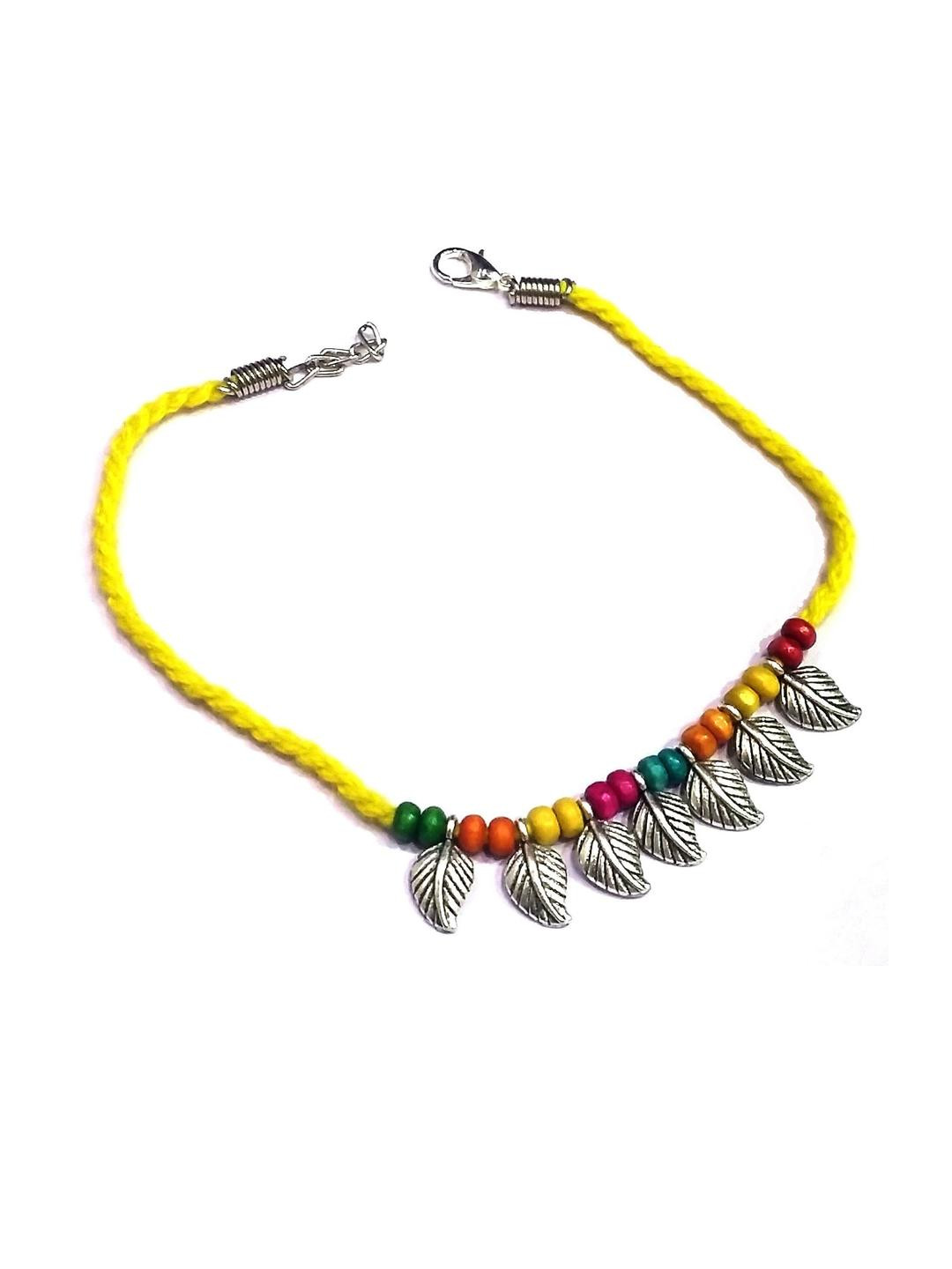 gurjari Women Yellow Thread Ethnic Oxidised Artificial Beads  Anklet  with Leaf Hanging