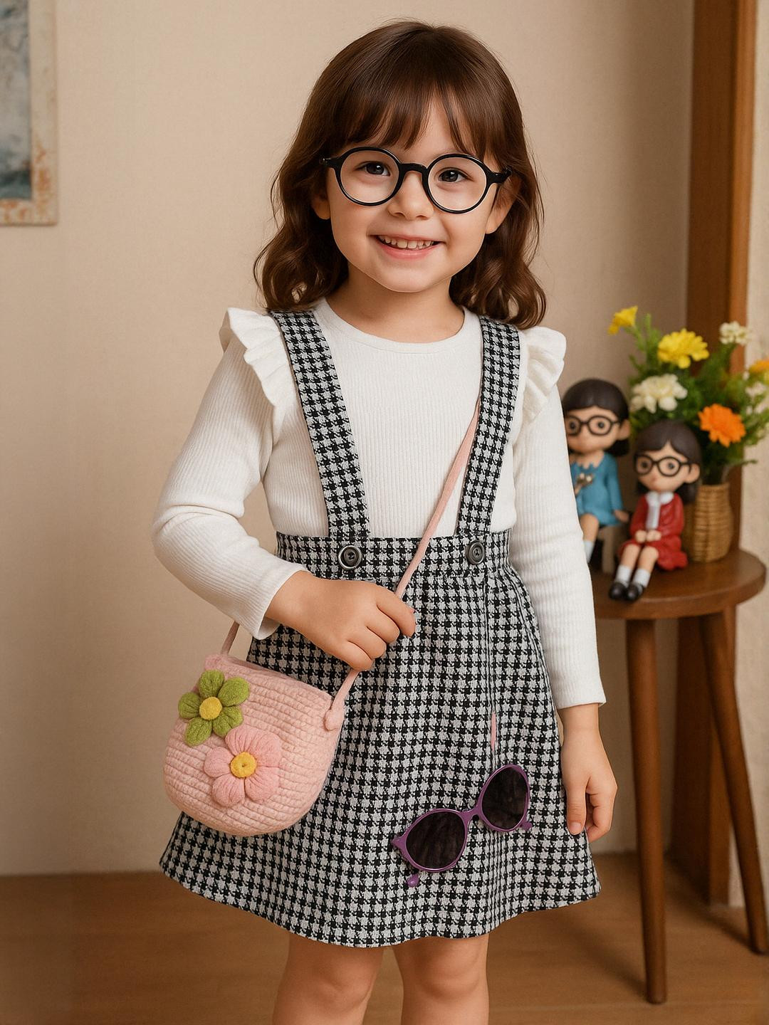 STINITY White & Black Girls Pure cotton Ribbed Top with Houndstooth Print Skirt Set
