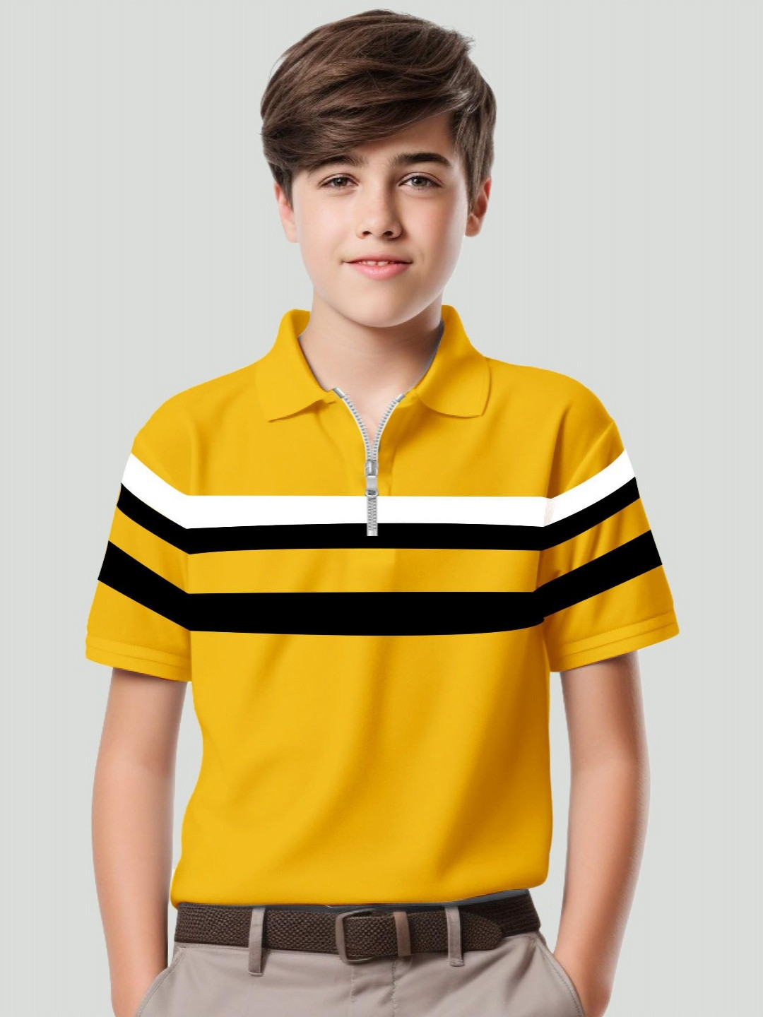 Kiddy Viddy Boys Striped Printed Polo Zipper Collar Cotton T-shirt