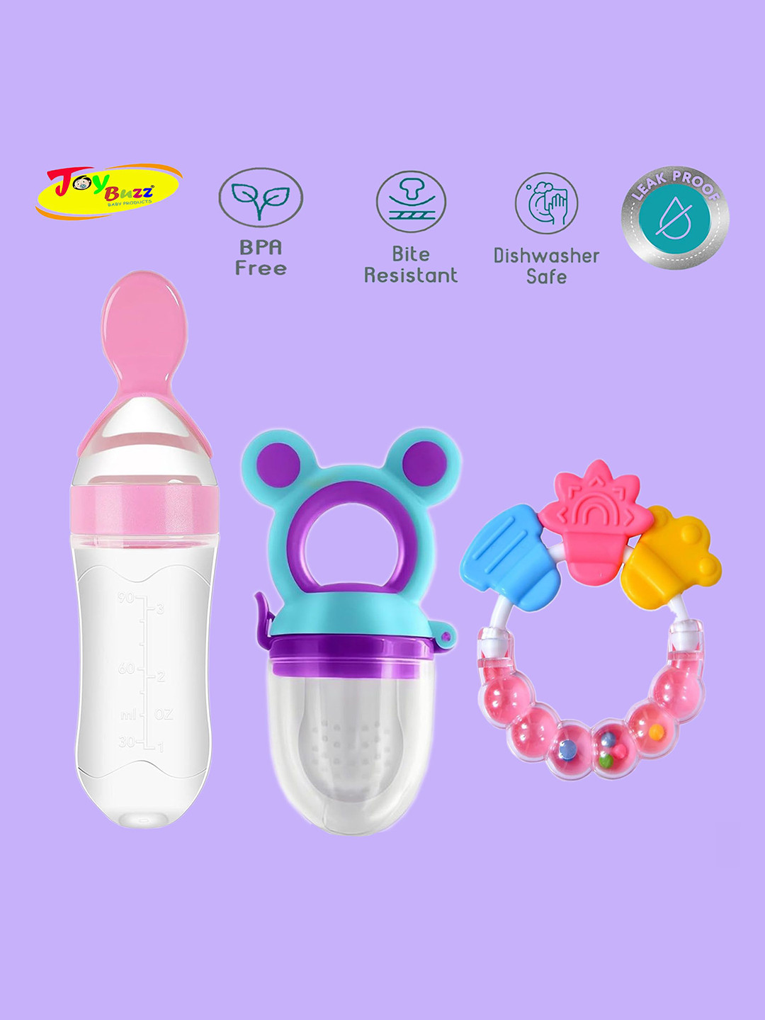 Joy Buzz Kids Set Of 3 Food Feeder Bottle Fruit Nibbler & Rattle Teether - Pink