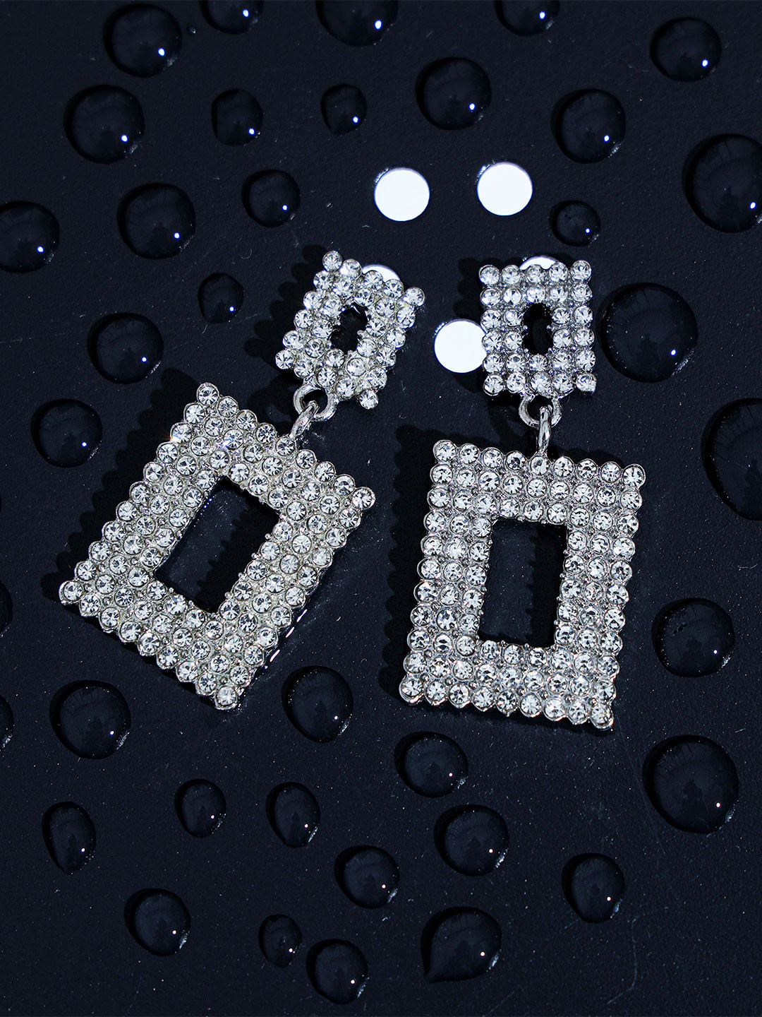 Senshi Silver-Plated Rhinestone Studded Rectangle Drop Earrings