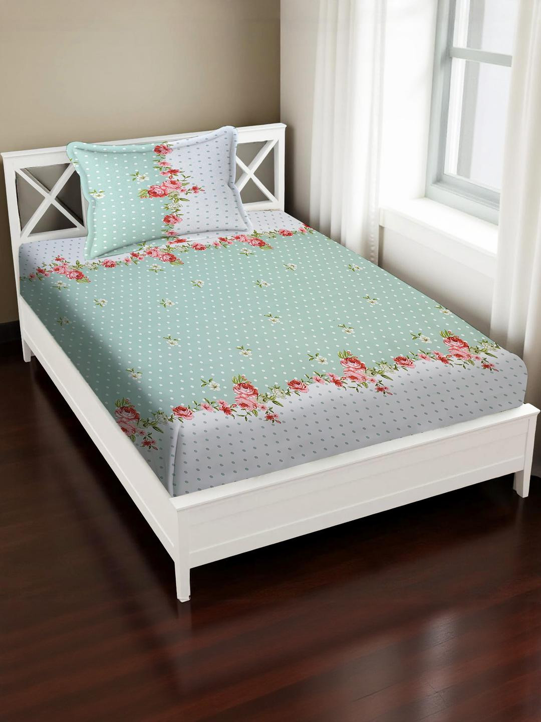 IVAZA Green & White Floral Printed Bedsheet with Pillow Cover