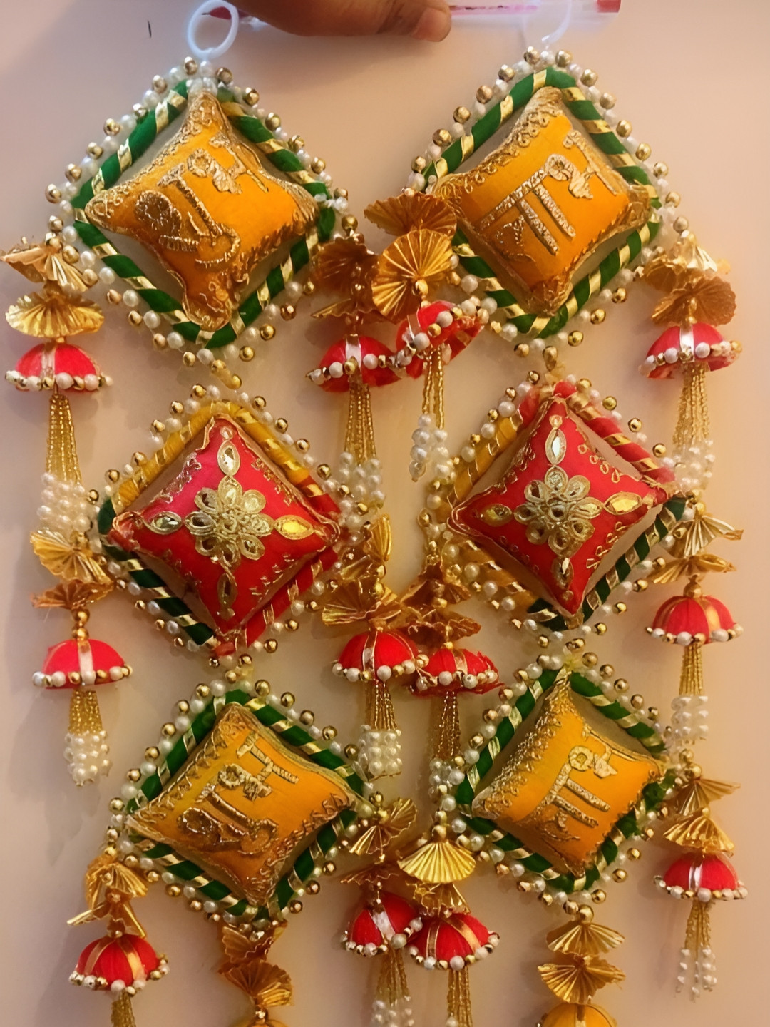 Sellplus 2 Pcs Yellow & Green Cushion Shubh Labh Hanging