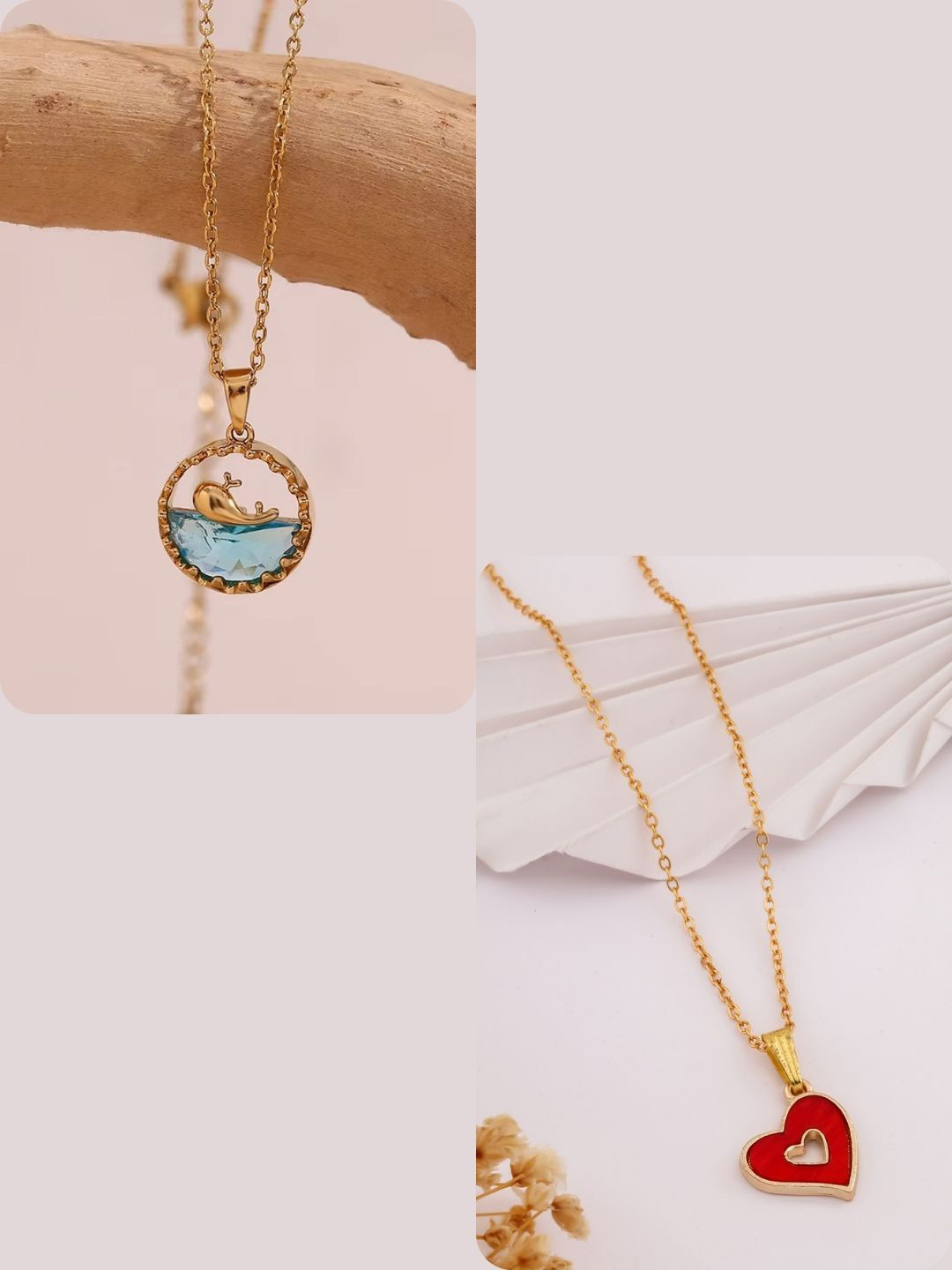 DressBerry Set Of 2 Gold-Plated Dolphin Ocean & Heart Pendant with Chain
