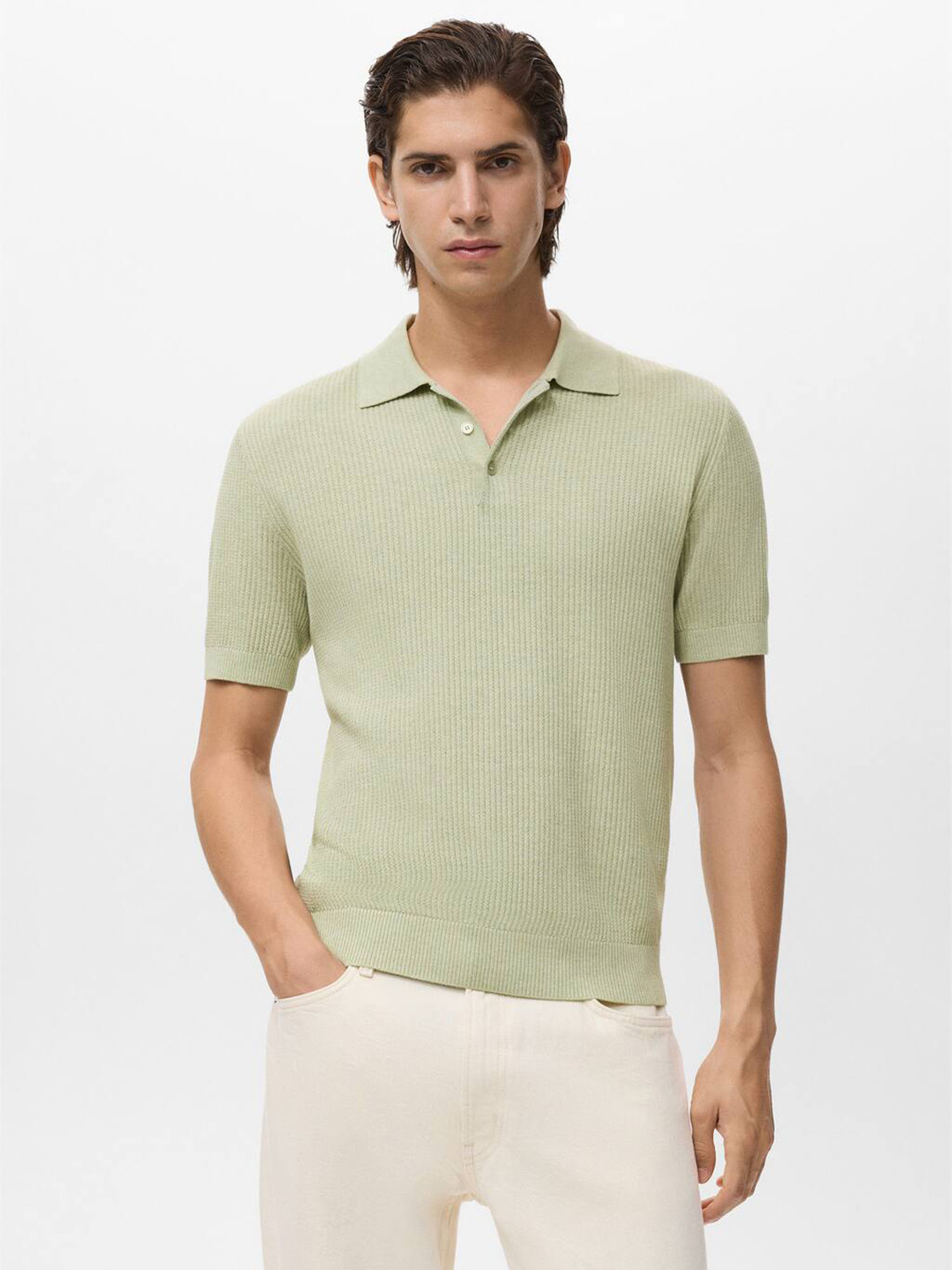 MANGO MAN Rib Knit Polo Collar T-shirt