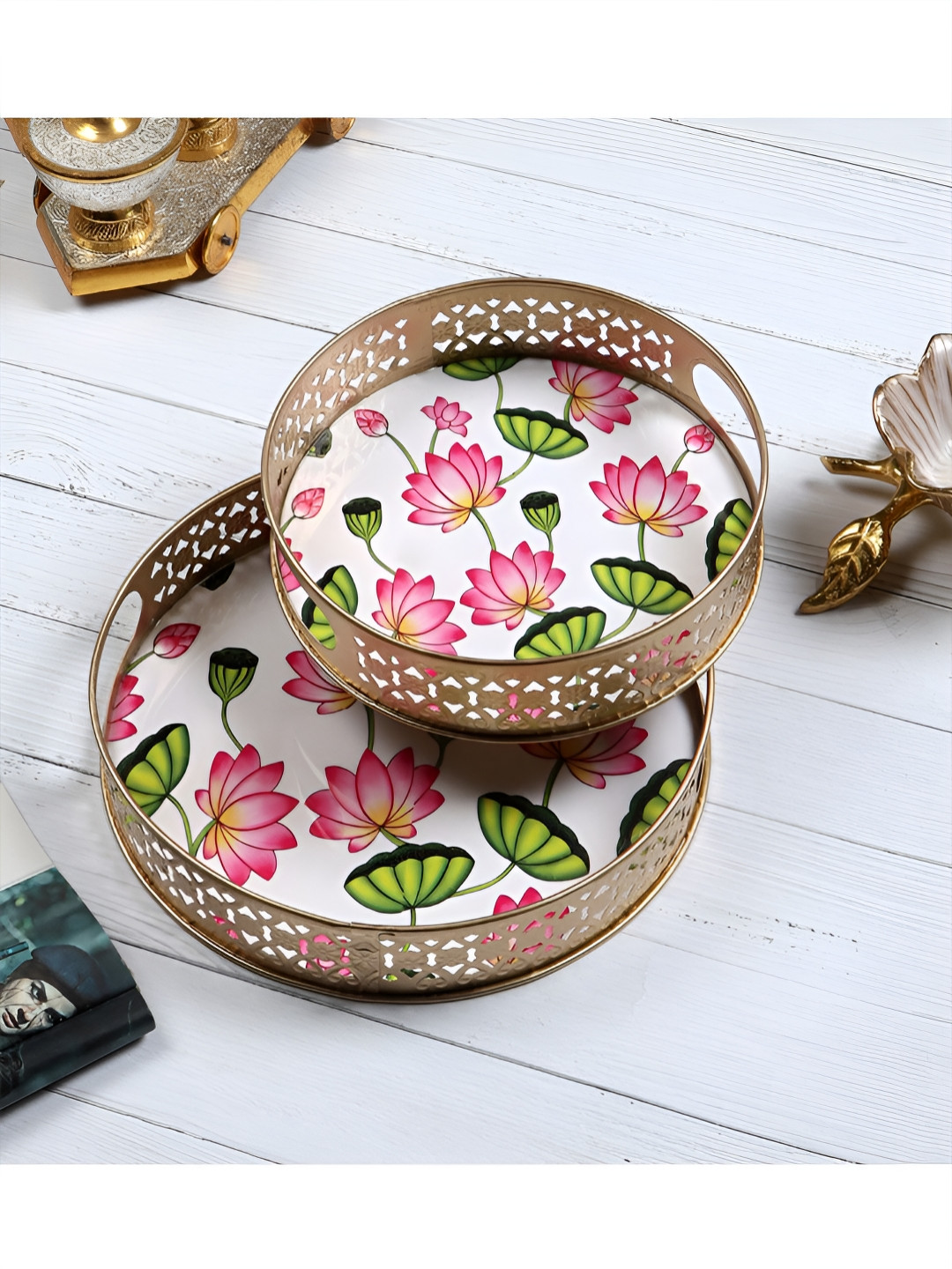 Two Moustaches Beige & White 2 Pieces Lotus Flowers Design Serving Trays