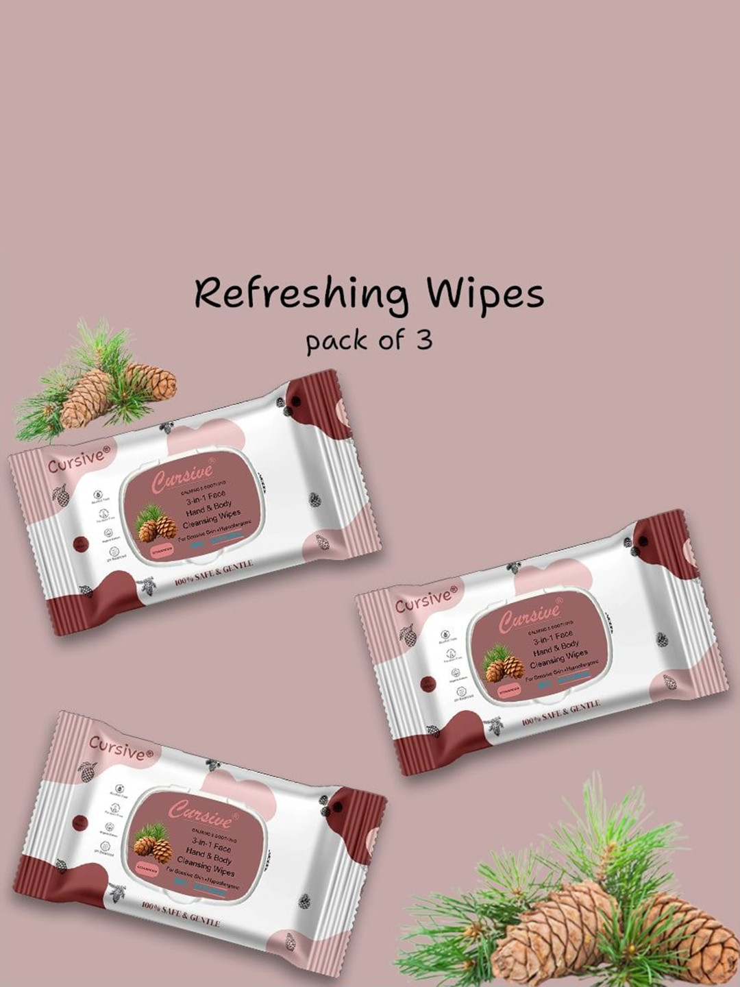 CURSIVE Set Of 3 Refreshing Cedarwood 3-In-1 Hand Body & Face Wet Wipes - 25 Pulls Each