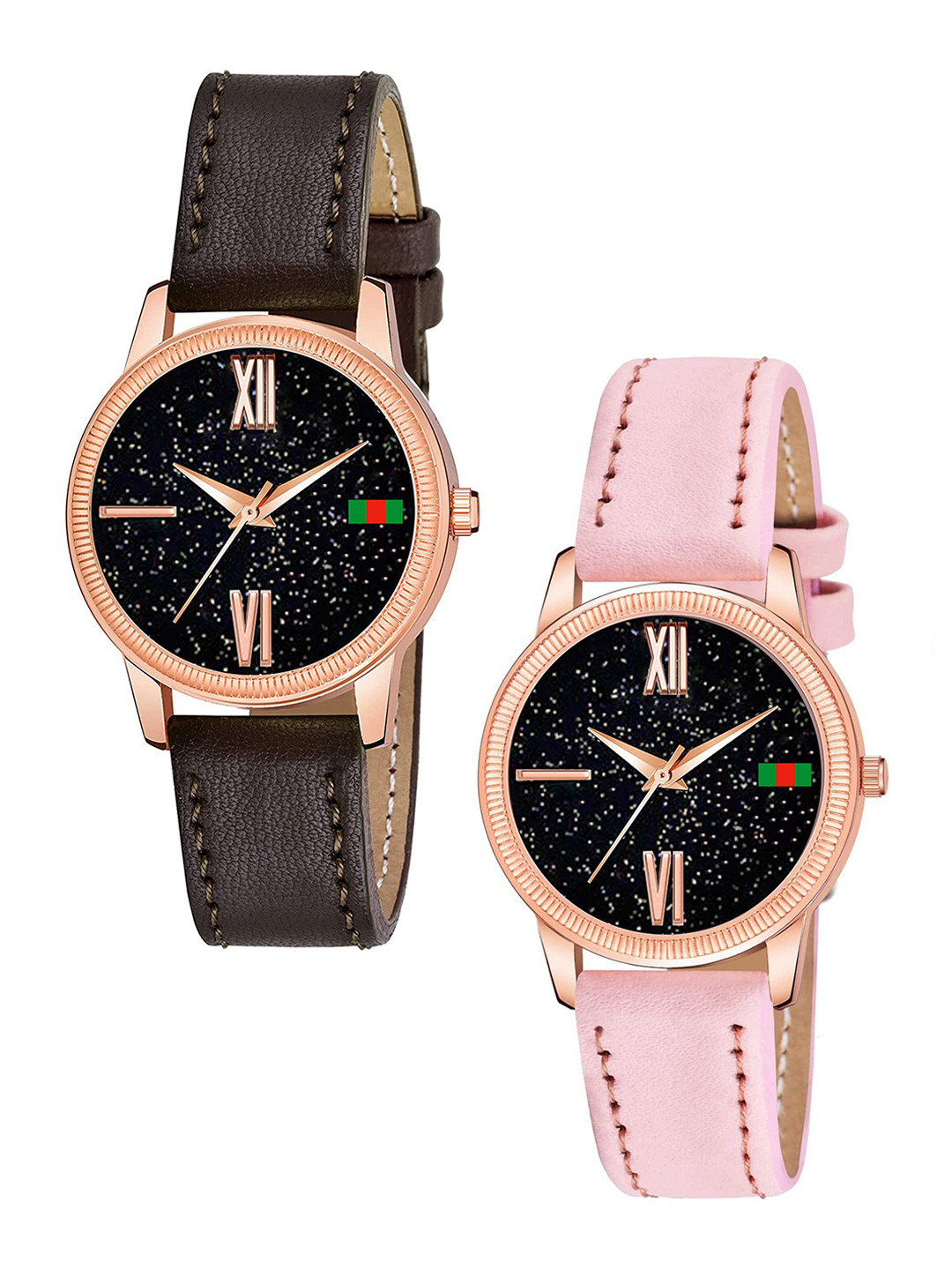 Gopal Shopcart Unisex Pack Of 2 Dial & Straps Analogue Watch C25RG Roman BRO PINK L