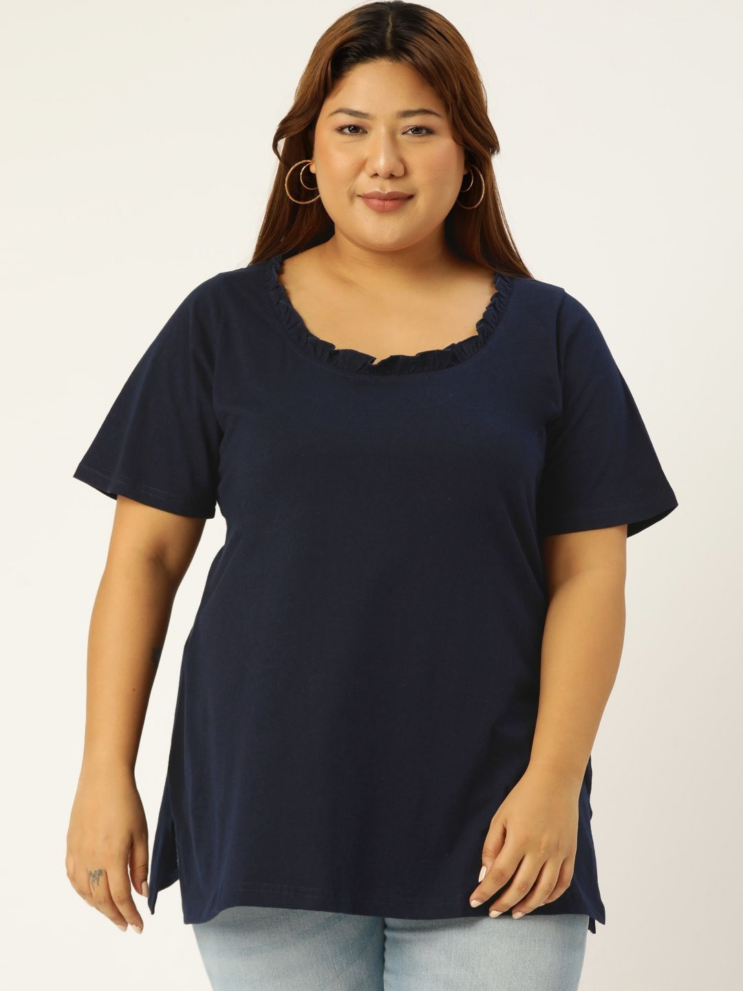 theRebelinme Women Round Neck Ruffles Cotton T-shirt