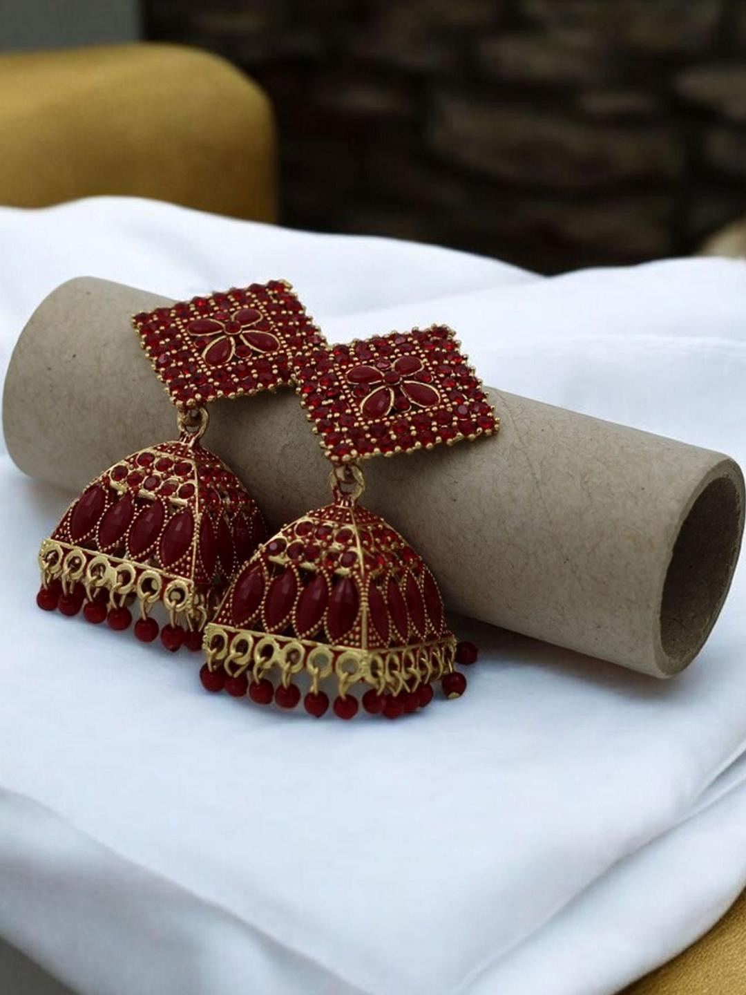 De-Ultimate Gold-Plated Rhinetones Studded Jhumkas Earrings