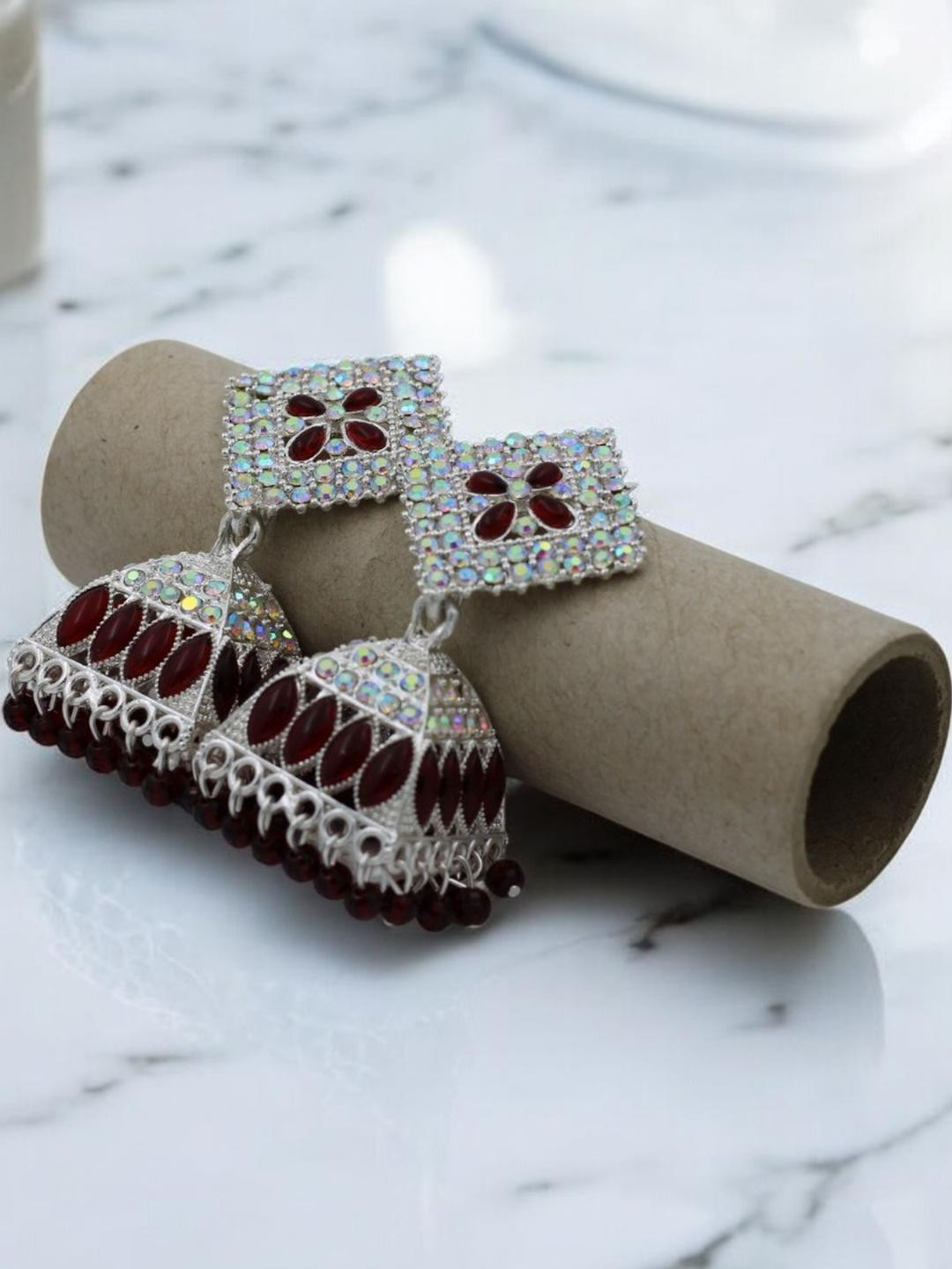 De-Ultimate Silver-Plated Rhinestone Studded Jhumkas Earrings