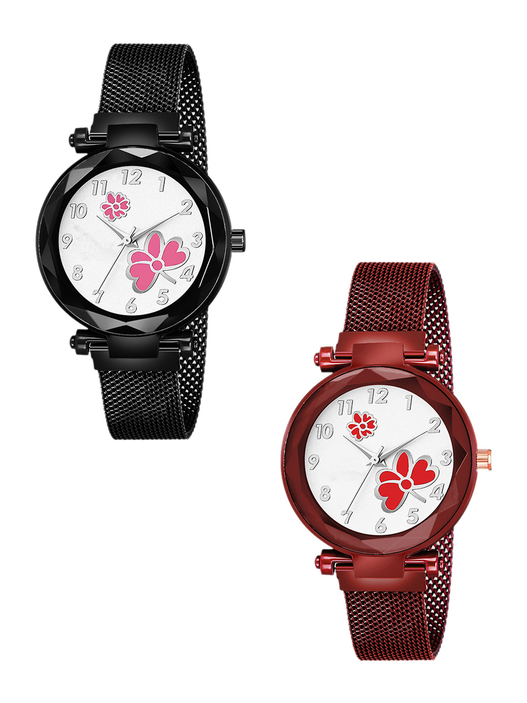 CSAMON Women Pack of 2 Round Dial Analogue Watch GR_379 Black 315 Pink_379 Red Red dial