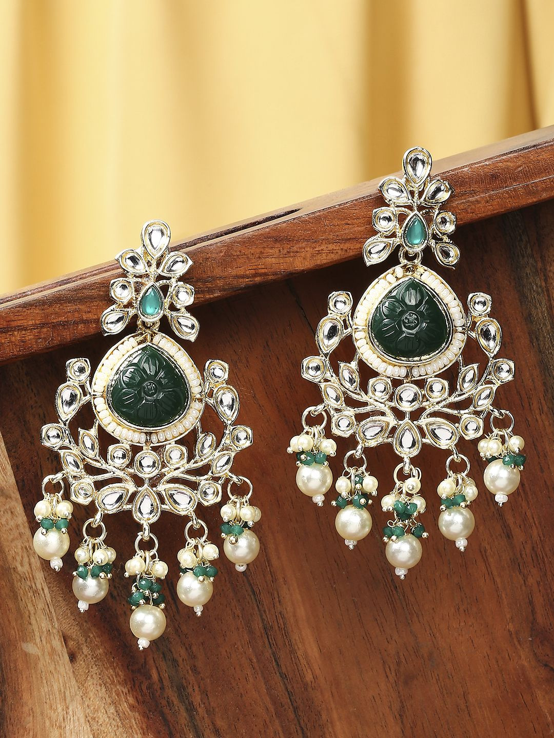 fabula Engraved Jaipur Kundan Studded & Pearls Beaded Teardrop Shaped Drop Earrings