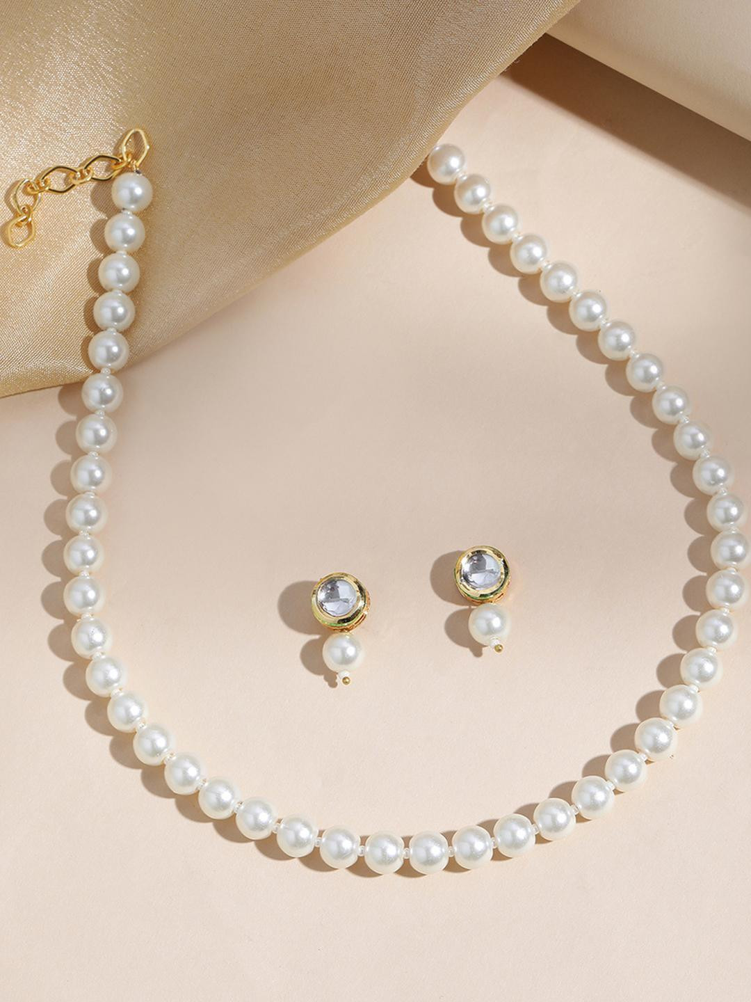 Anouk White Pearls Kundan Beaded Single Line Necklace Jewelry Set