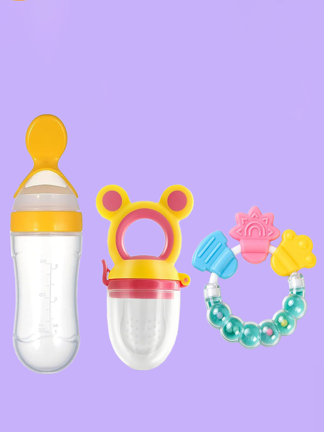 Joy Buzz Kids Set Of 3 Food Feeder Bottle Fruit Nibbler & Rattle Teether - Yellow