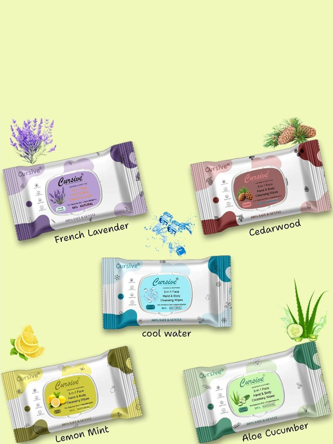 CURSIVE Refreshing Lemon Mint 3-In-1 Hand Body & Face Wet Wipes - 25 Pulls