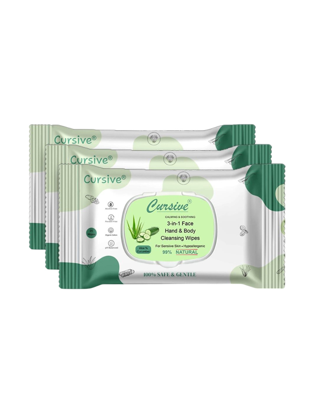CURSIVE Set Of 3 Refreshing Aloe Cucumber 3-In-1 Body & Face Wet Wipes - 25 Pulls Each