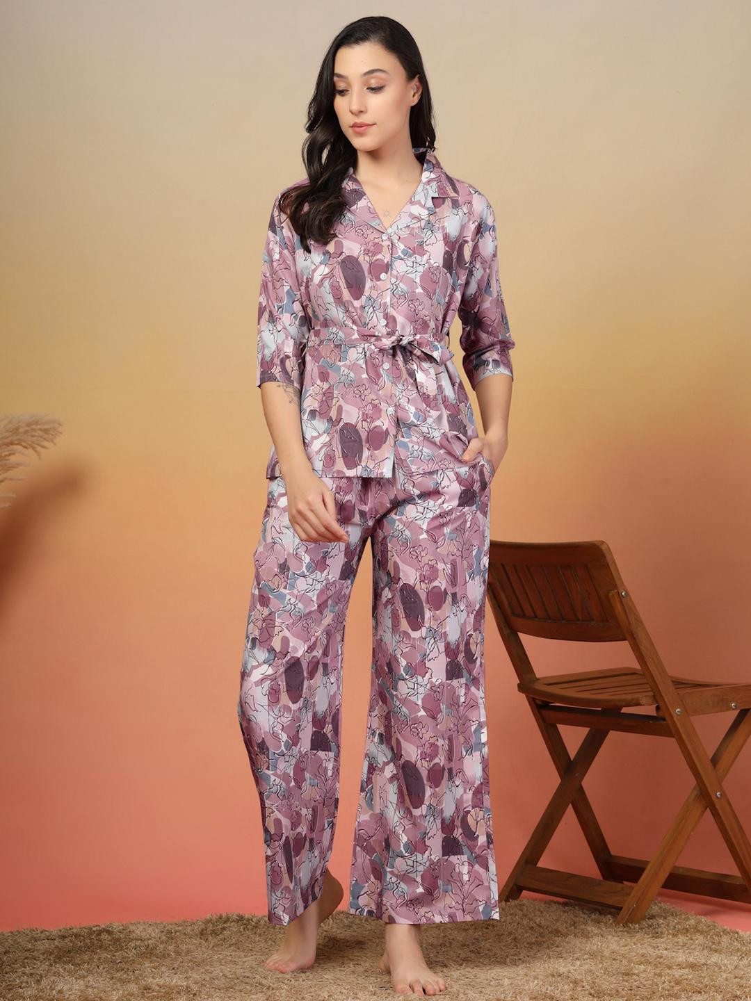 KLOTTHE Women Purple Floral Printed Lapel Collar Night Suit With Belt