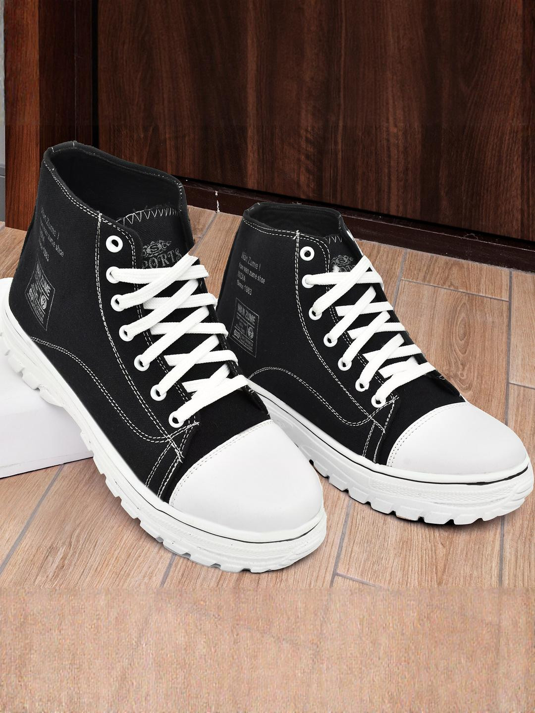 FUNNY FIRE Men Black Lace-up Casual High Top Sneakers