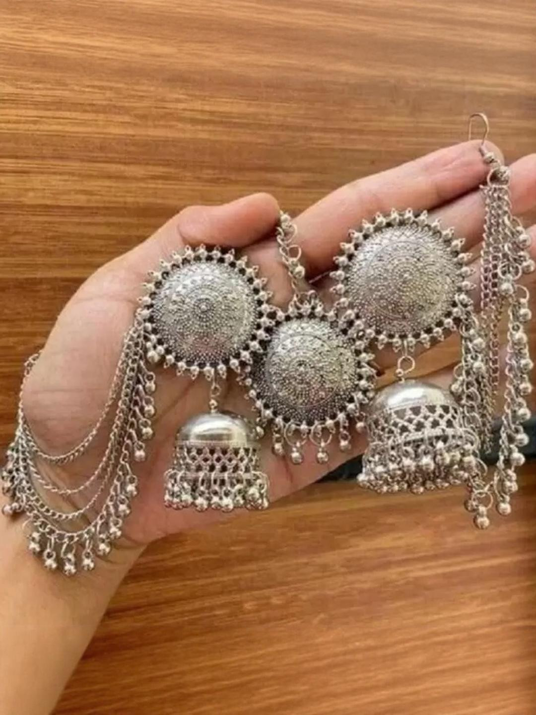 ETASHA Oxidised Bahubali Jhumka Earring With A Maang Tikka