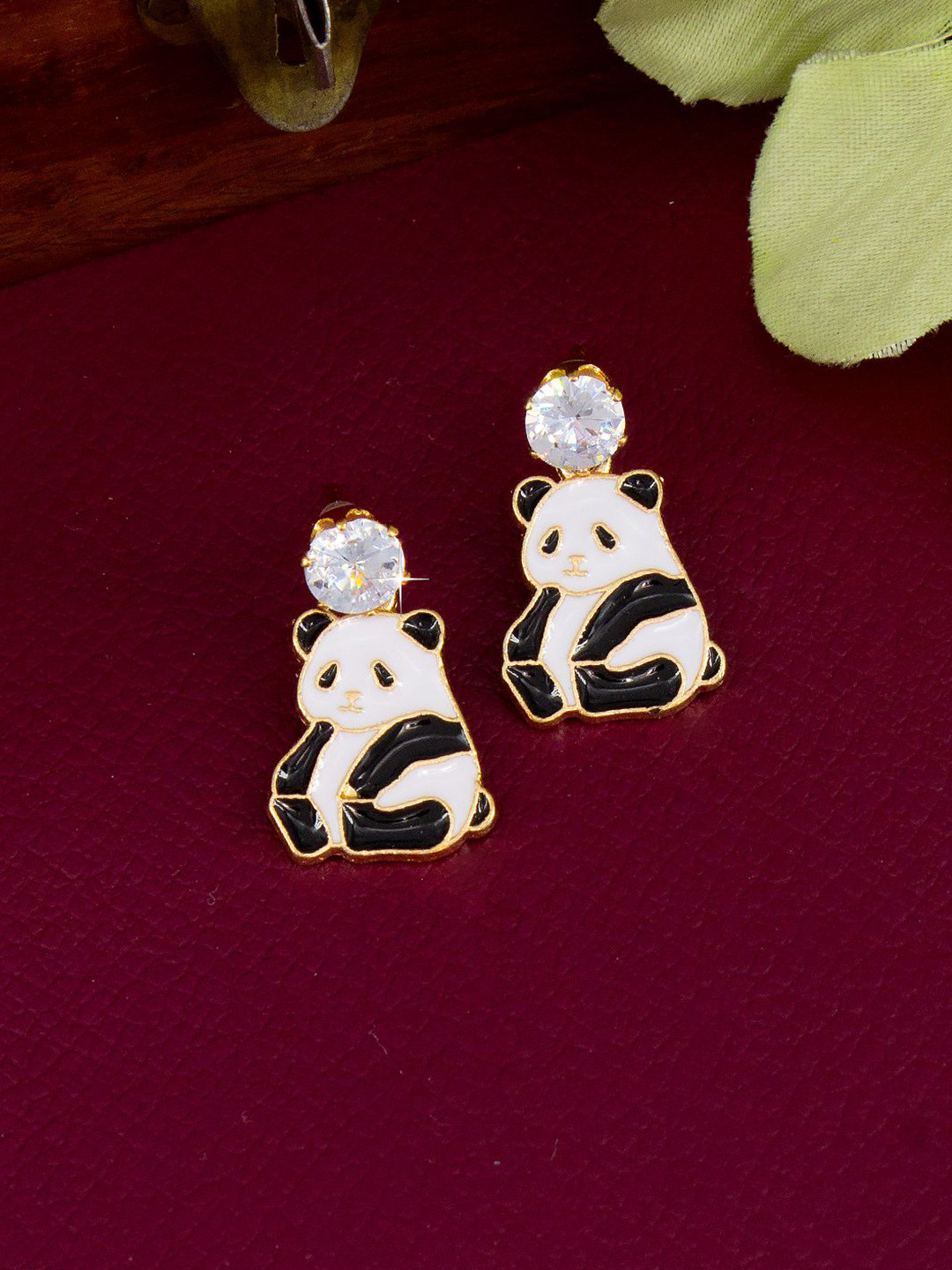 PRIVIU Gold-Plated American Diamond Studded Panda Drop Earrings