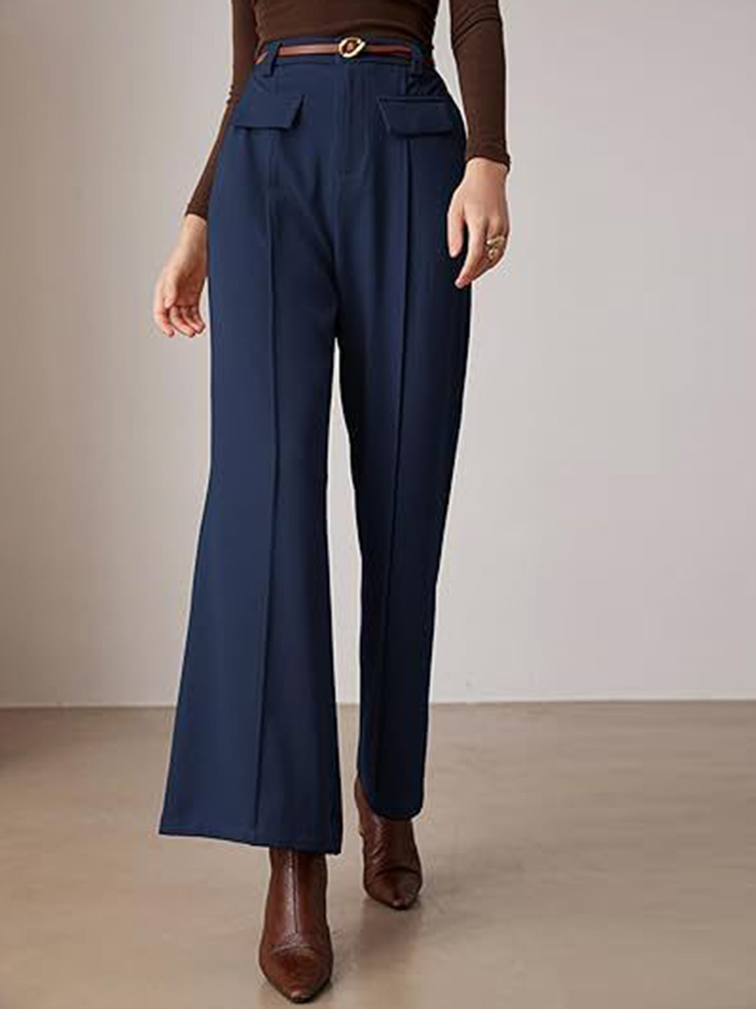 Outzidr Women Navy Blue Relaxed Fit Wide Leg Trousers