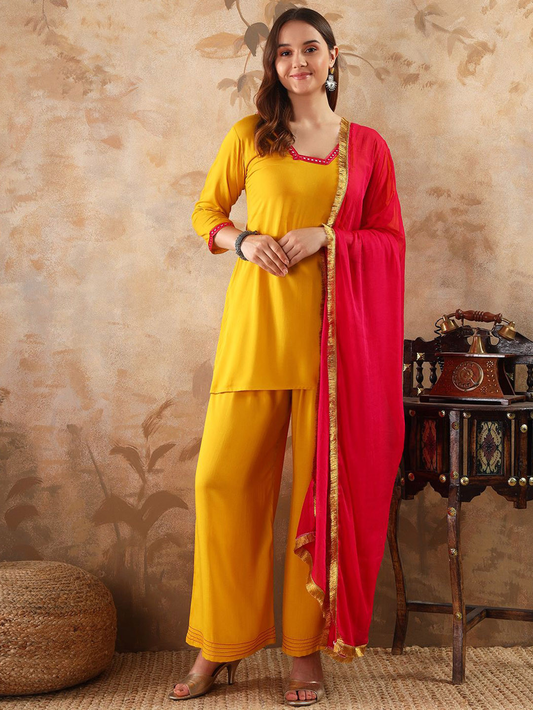 DIVINATION Square Neck Kurti With Palazzo & Dupatta