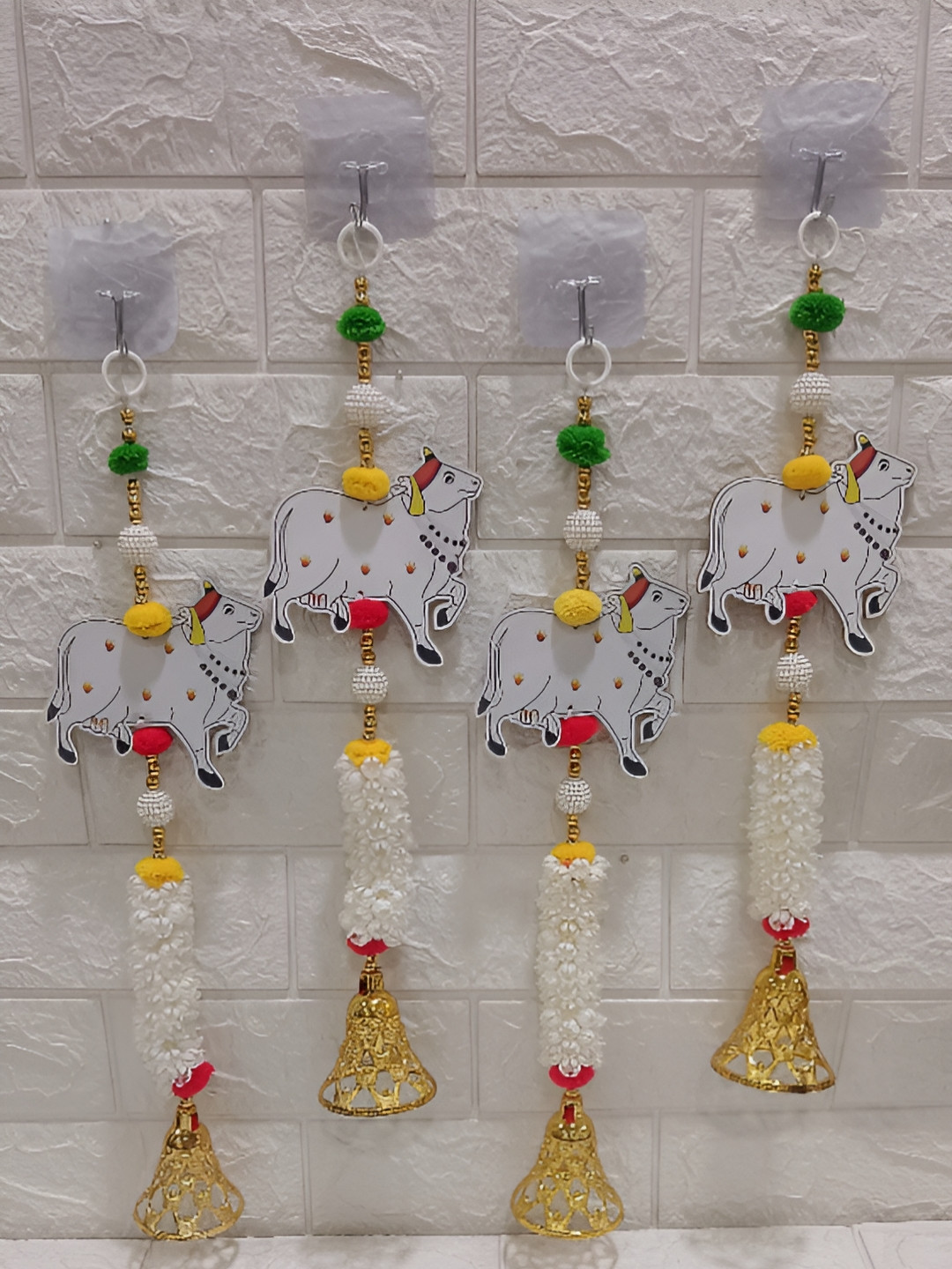 Sellplus 4 Pcs White & Yellow Mogra With Cow Small Hanging