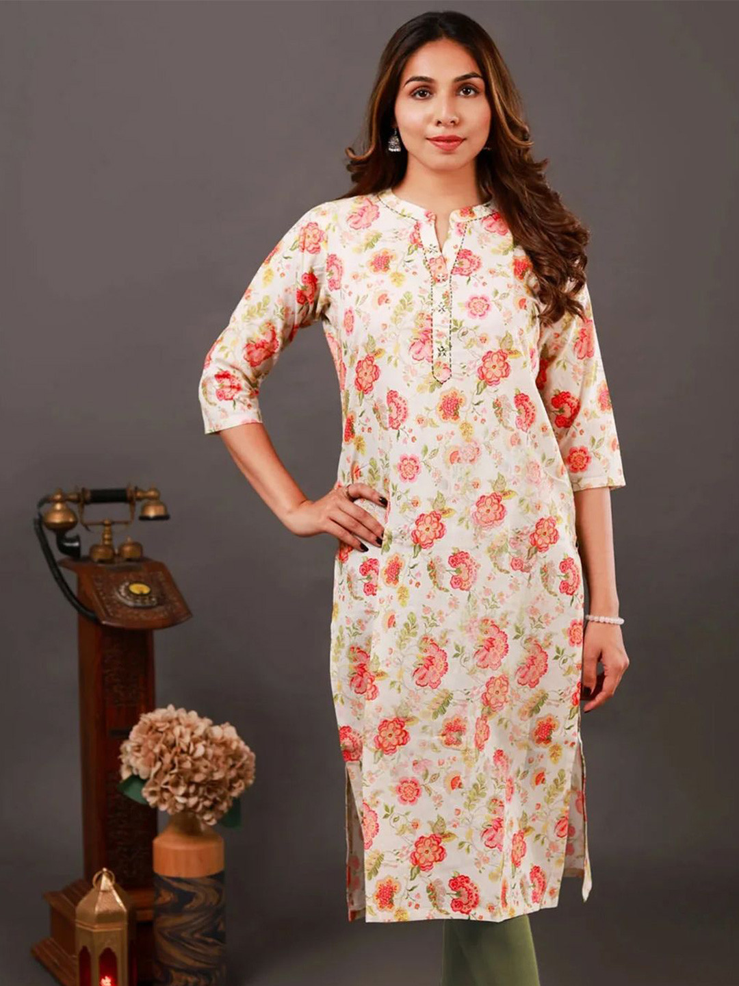 NEED APPARELS Floral Printed Mandarin Collar Pure Cotton A-Line Kurta