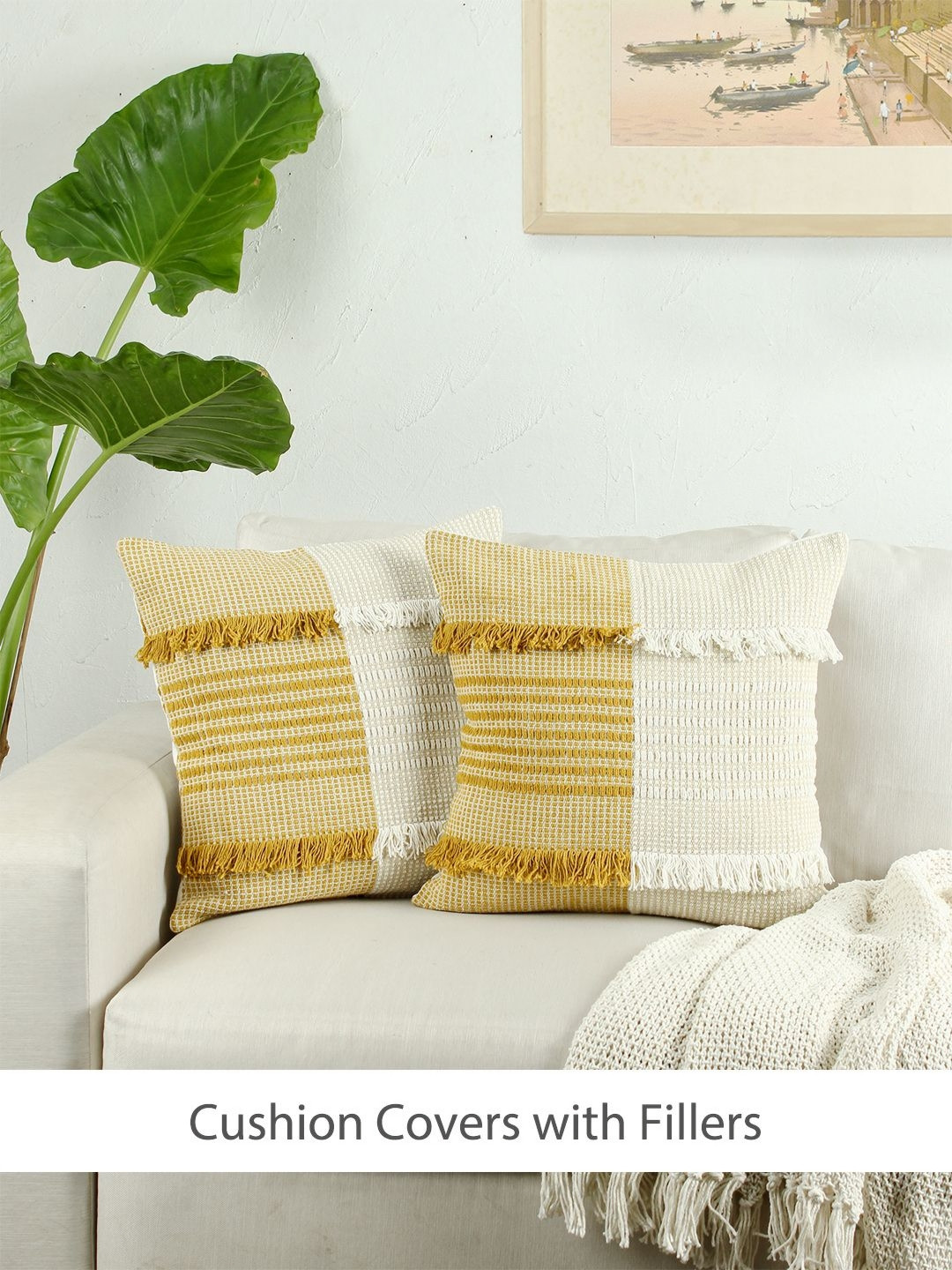 House This Neerja Yellow 2 Pieces Self Design Cotton Square Cushion Covers With Fillers