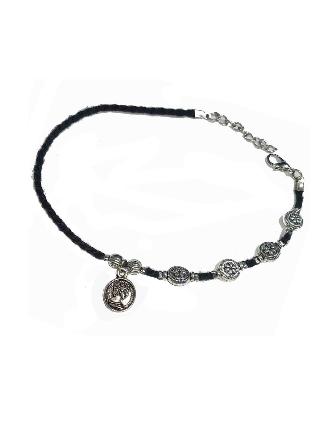 gurjari jewellers Black Thread & Silver Coin Charm Anklet