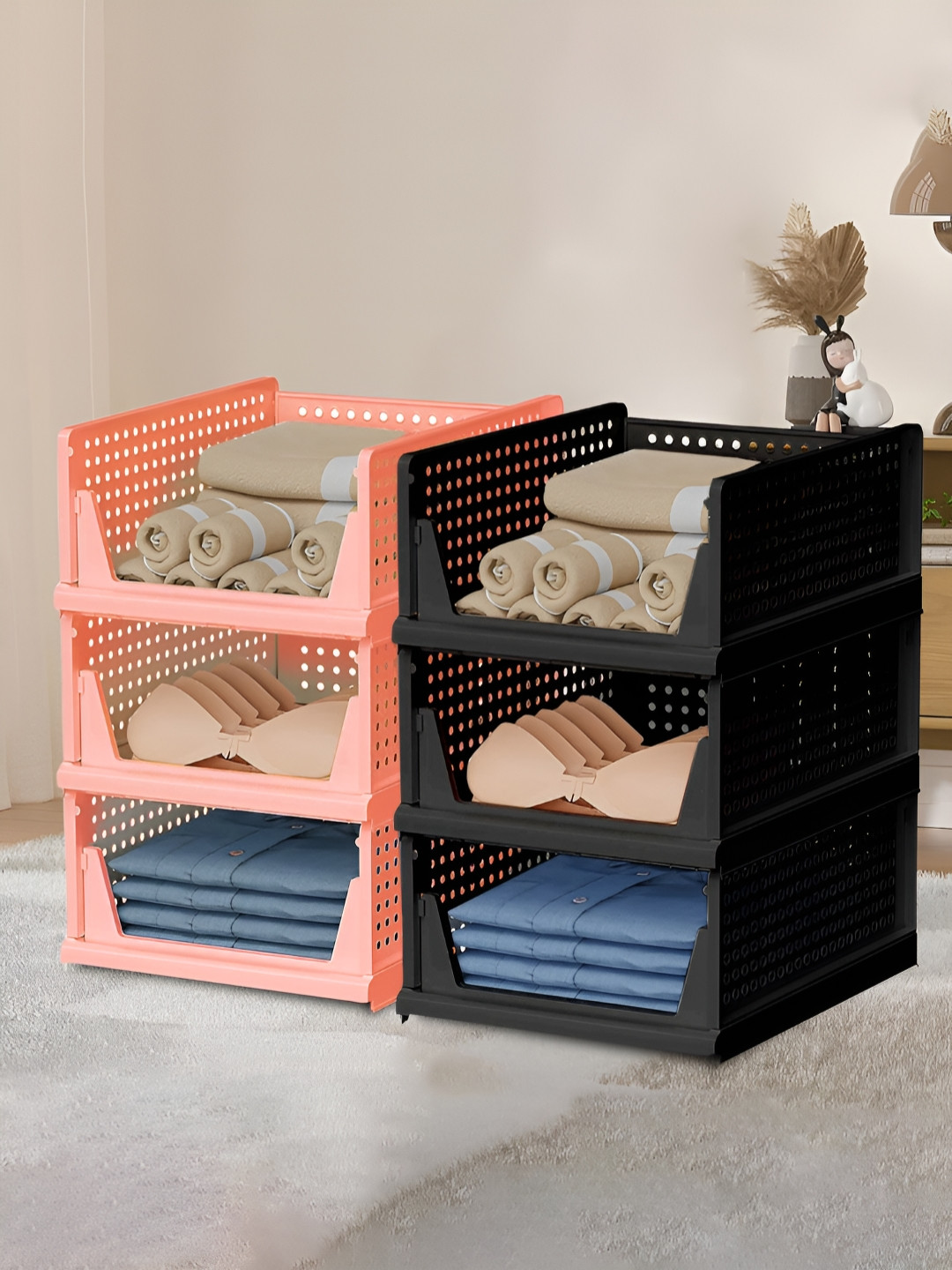 Aura Pink & Black 6 Pieces Storage Wardrobe Organisers