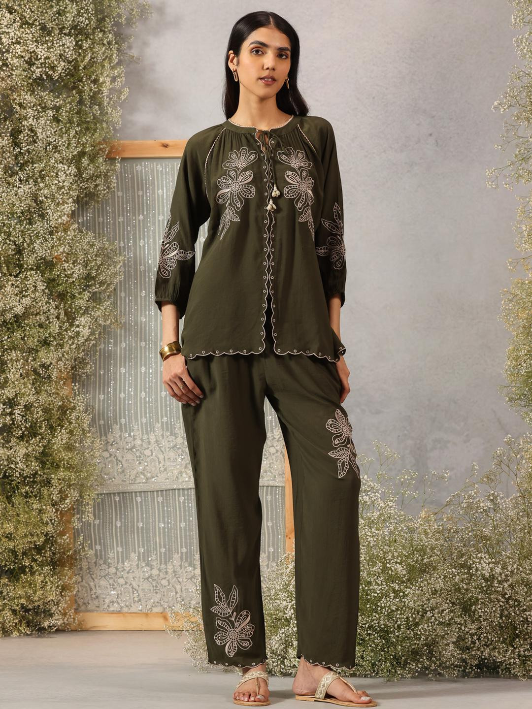 Lakshita Olive Embroidered Rayon Co-ord Set