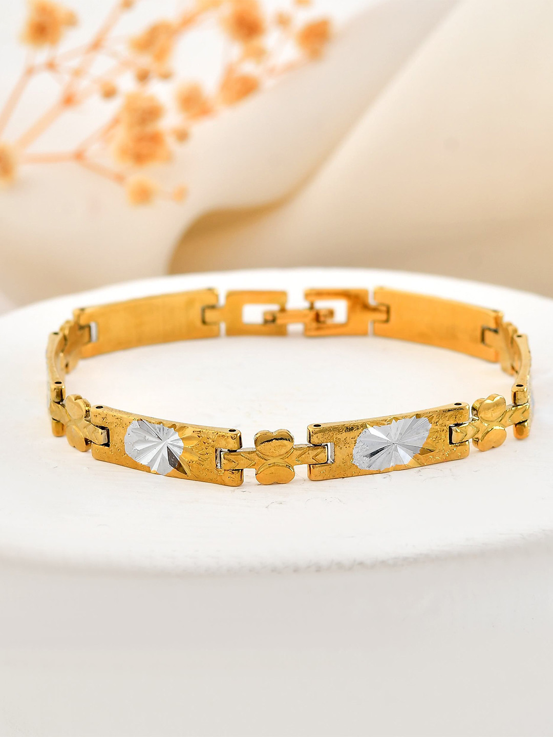 VOJ Men's Double Toned Stainless Steel Textural Linked Bracelet