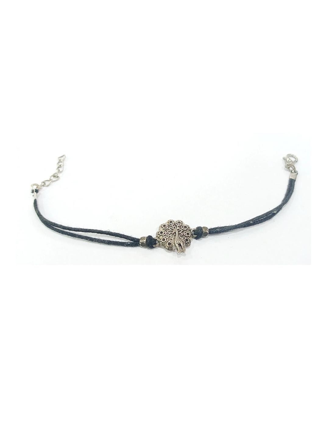 gurjari jewellers Women Black Thread Silver Oxidised Artificial Beads Spring Ring Anklet