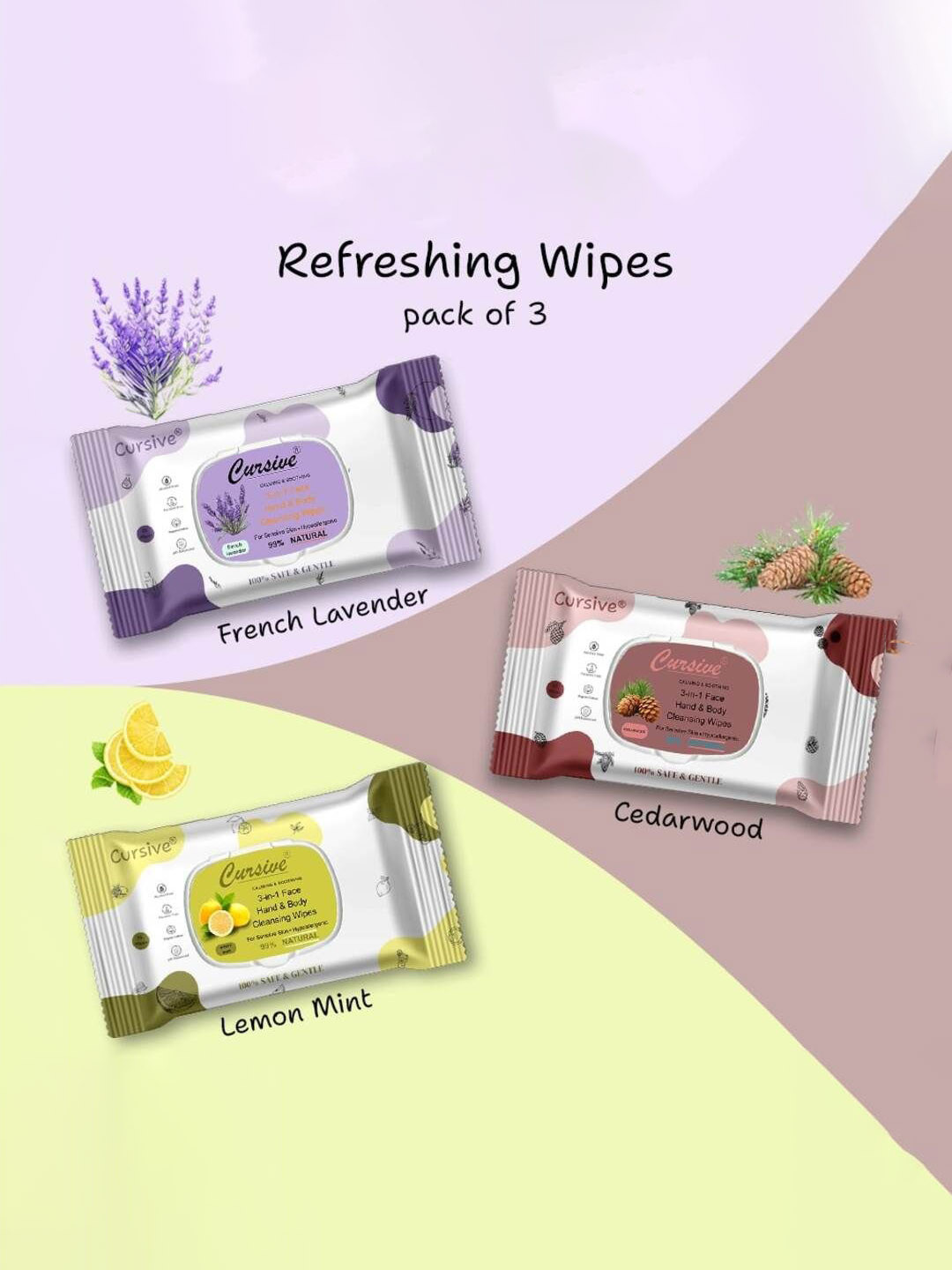 CURSIVE Set Of 3 Lavender, Lemon Mint & Cedarwood Refreshing Wet Wipes