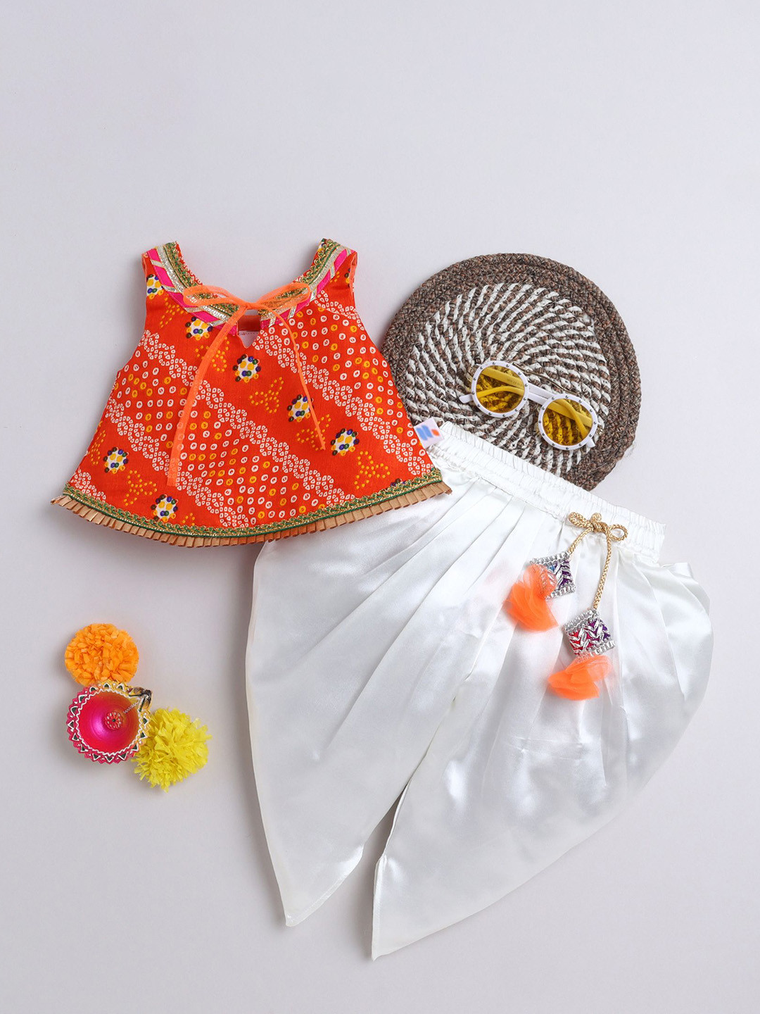 MANY FROCKS & Girls Bandhani Printed A-Line Top with Dhoti Pants