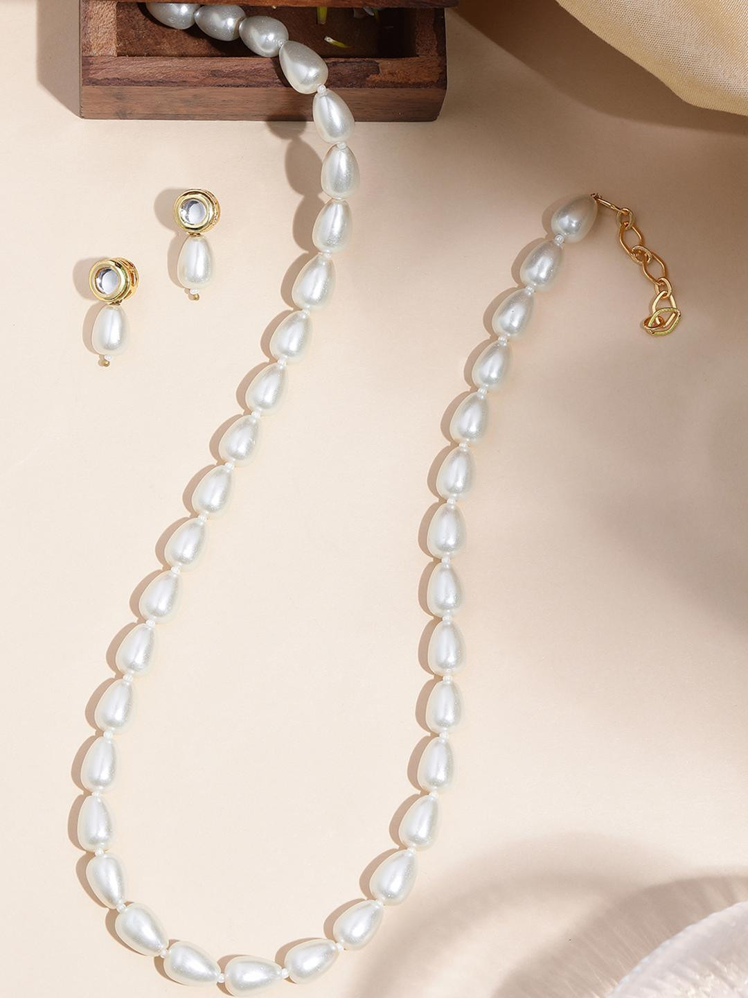 Anouk White Pearls Kundan Beaded Single Line Necklace Jewelry Set