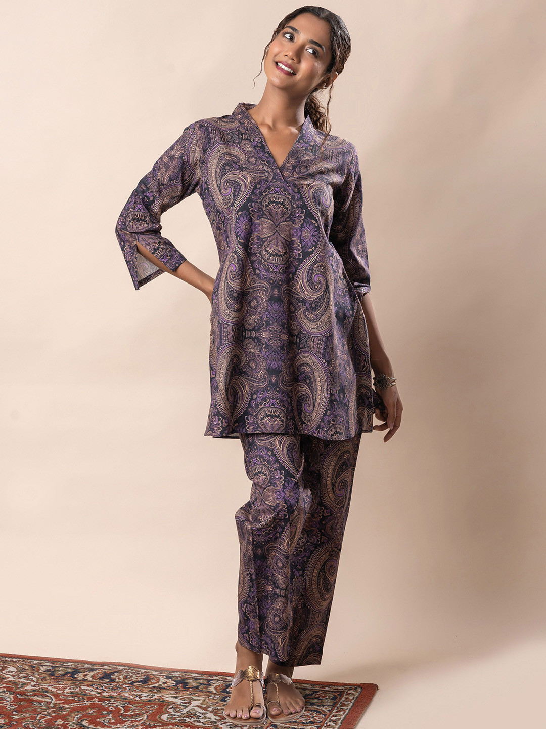 KALAMIR Printed Pure Cotton Tunic & Flared Trouser Co-Ord Set