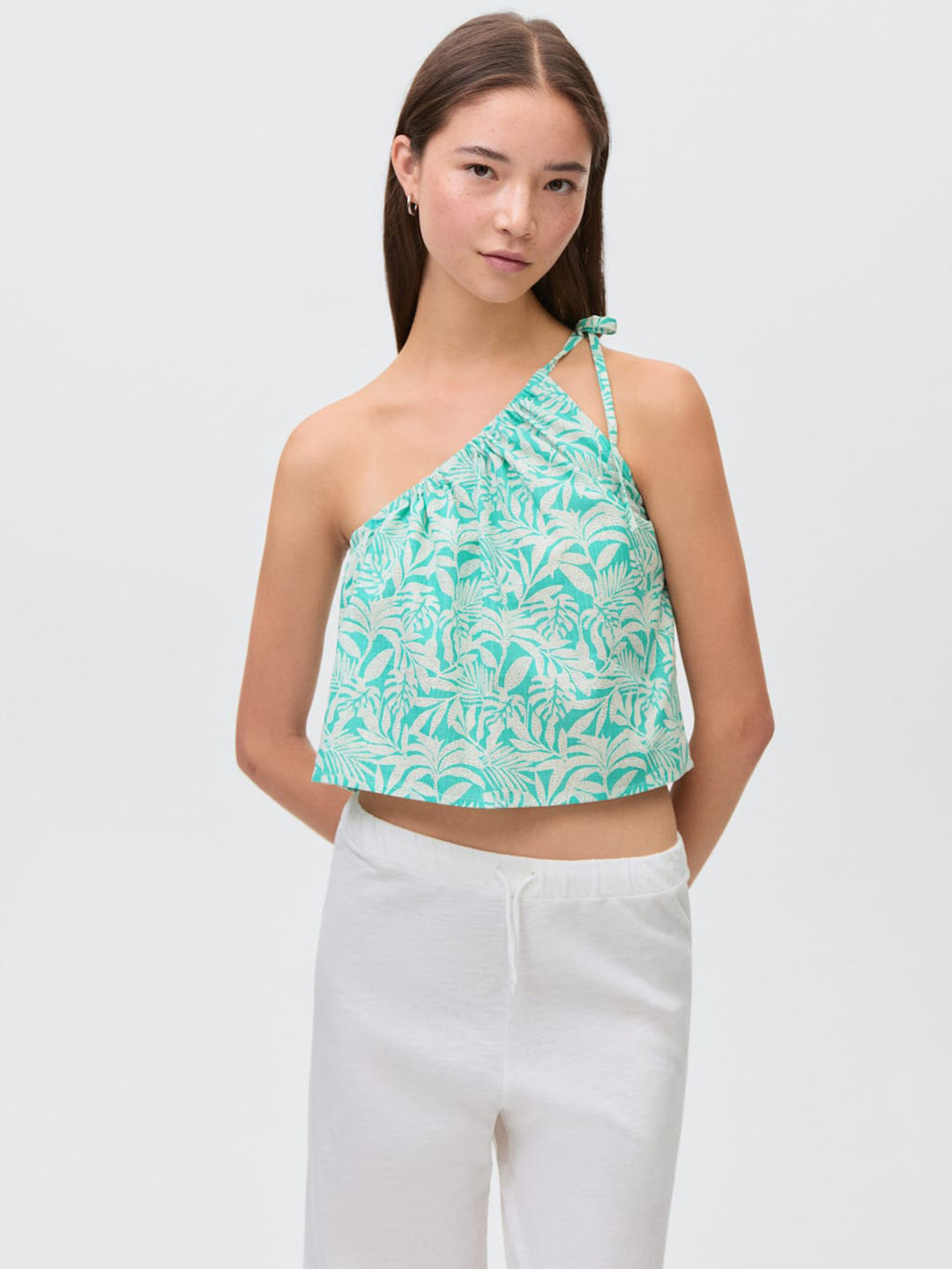 MANGO Tropical Print One Shoulder Pure Cotton Crop Top